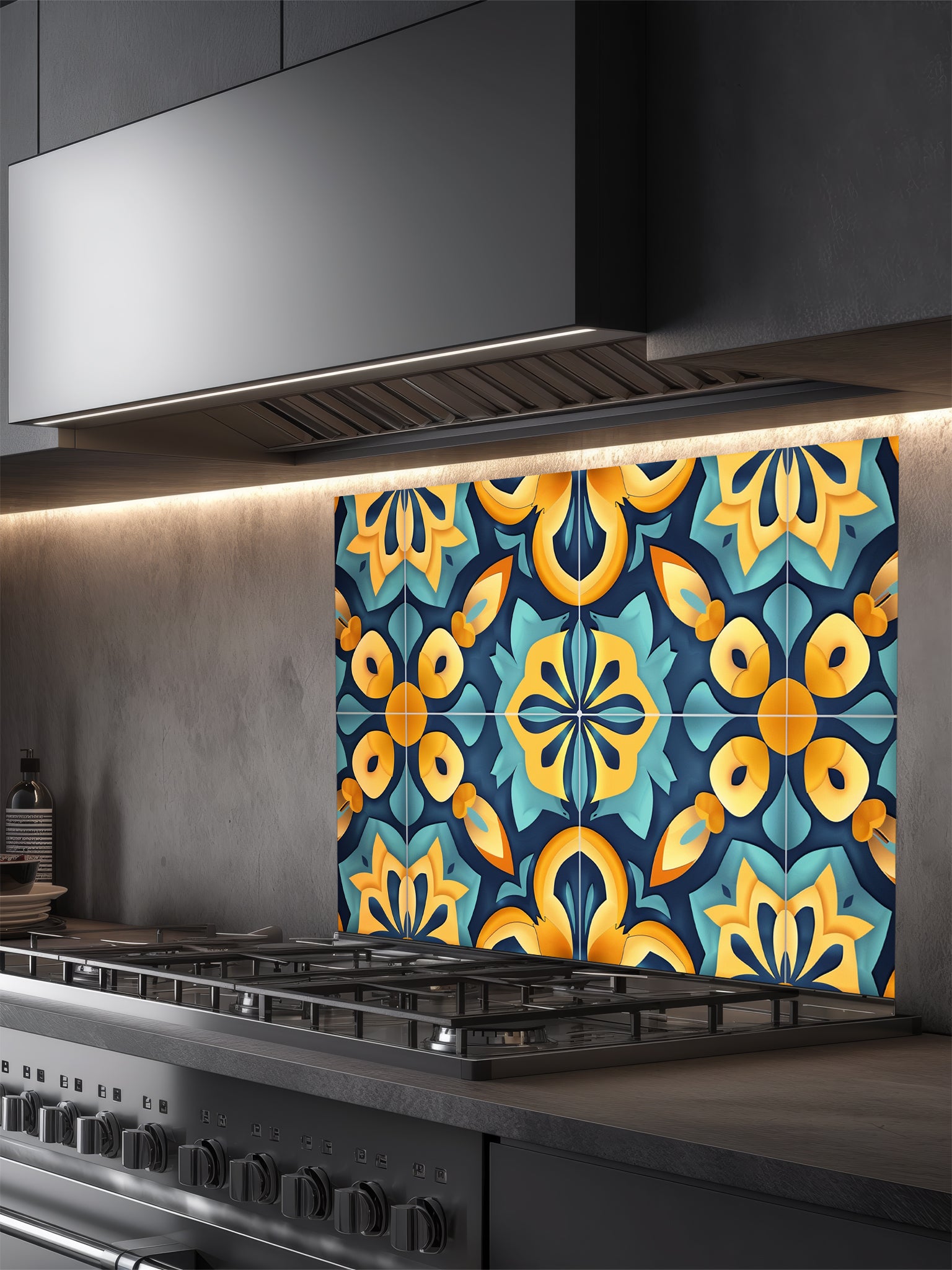 Tempered glass kitchen backsplash featuring a highly realistic illusion of traditional Moroccan encaustic tiles, showcasing a vibrant geometric floral pattern in teal, golden yellow, and deep navy, installed behind a modern black stove.
