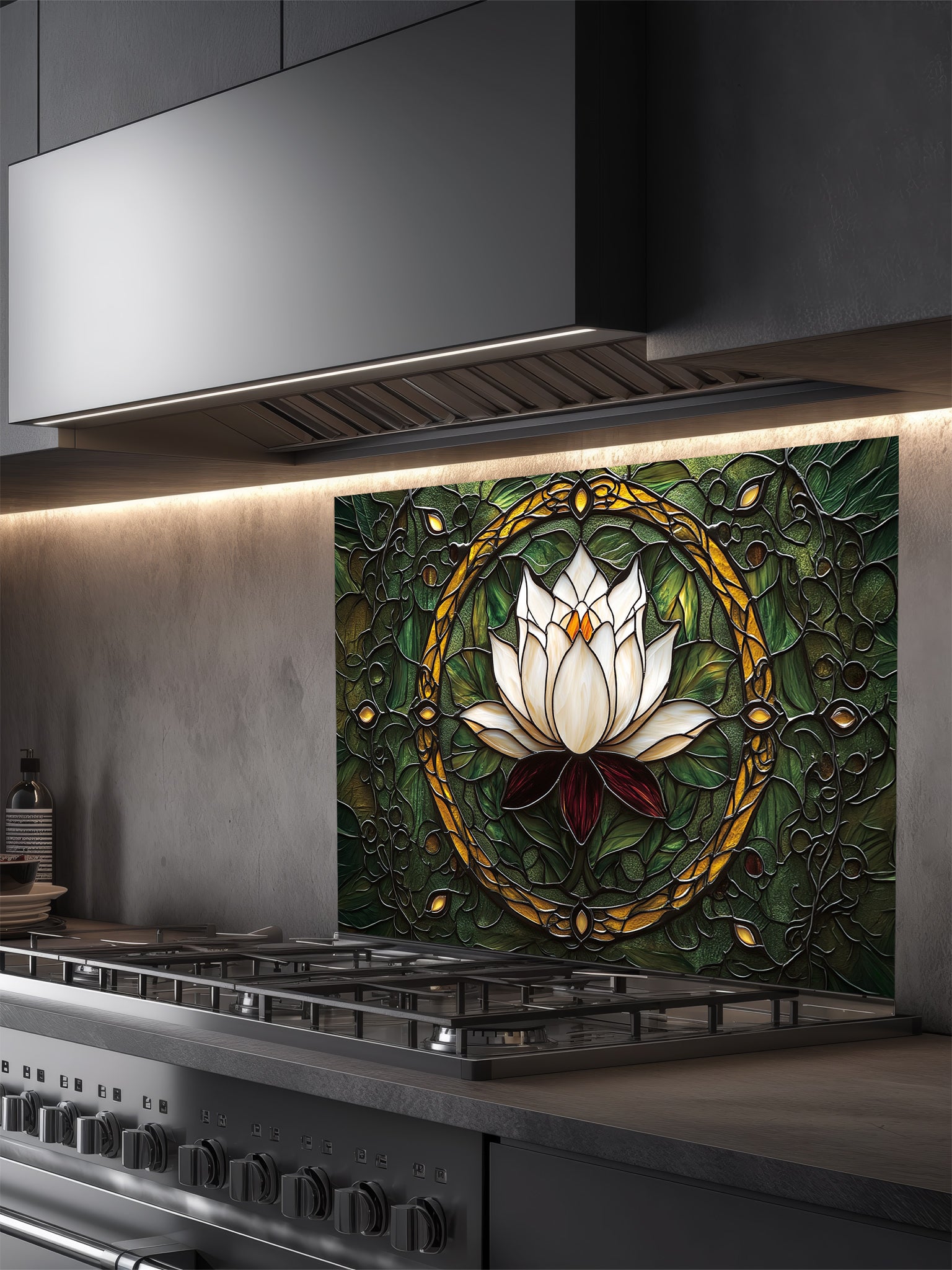 Decorative glass splashback with floral design above a kitchen stove.