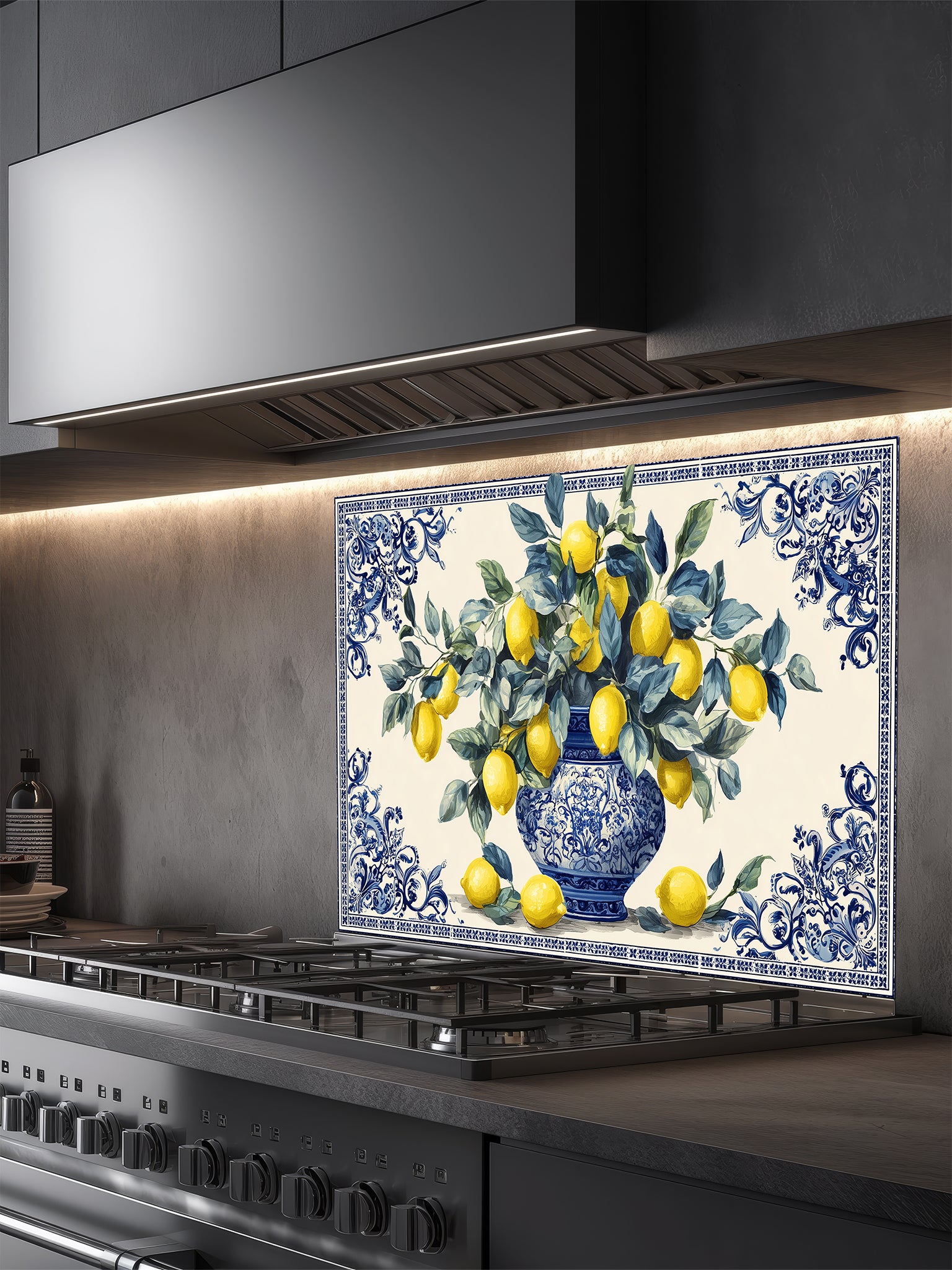 Tempered glass kitchen backsplash featuring a vibrant Mediterranean design with yellow lemons and green leaves in an ornate blue and white porcelain vase, framed by a classic Azulejo-style tile border, installed behind a modern stainless steel stove.