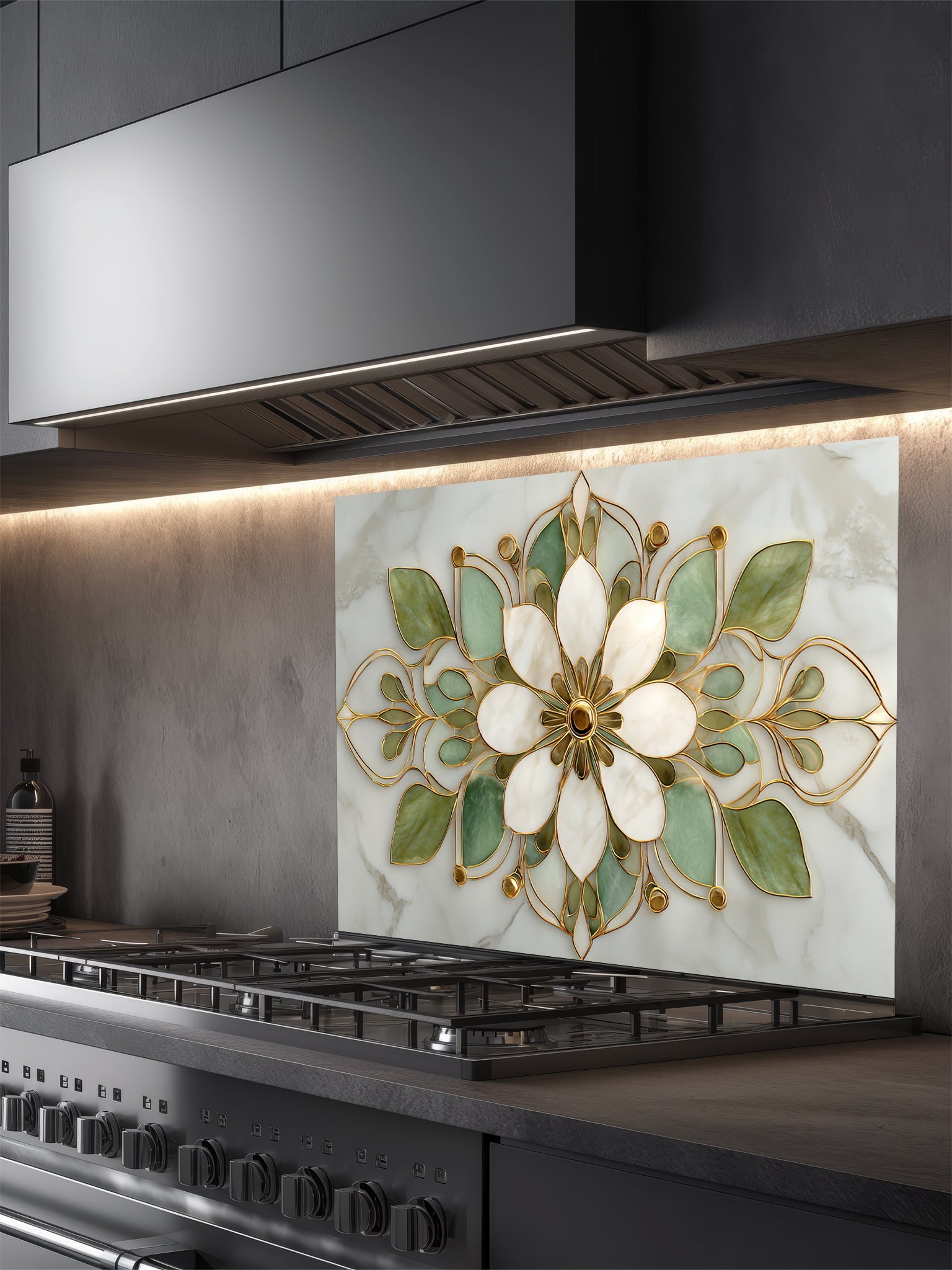 Faux white marble kitchen backsplash featuring an elegant sage green, cream, and gold stained glass lotus mandala pattern, UV printed on smooth tempered glass.