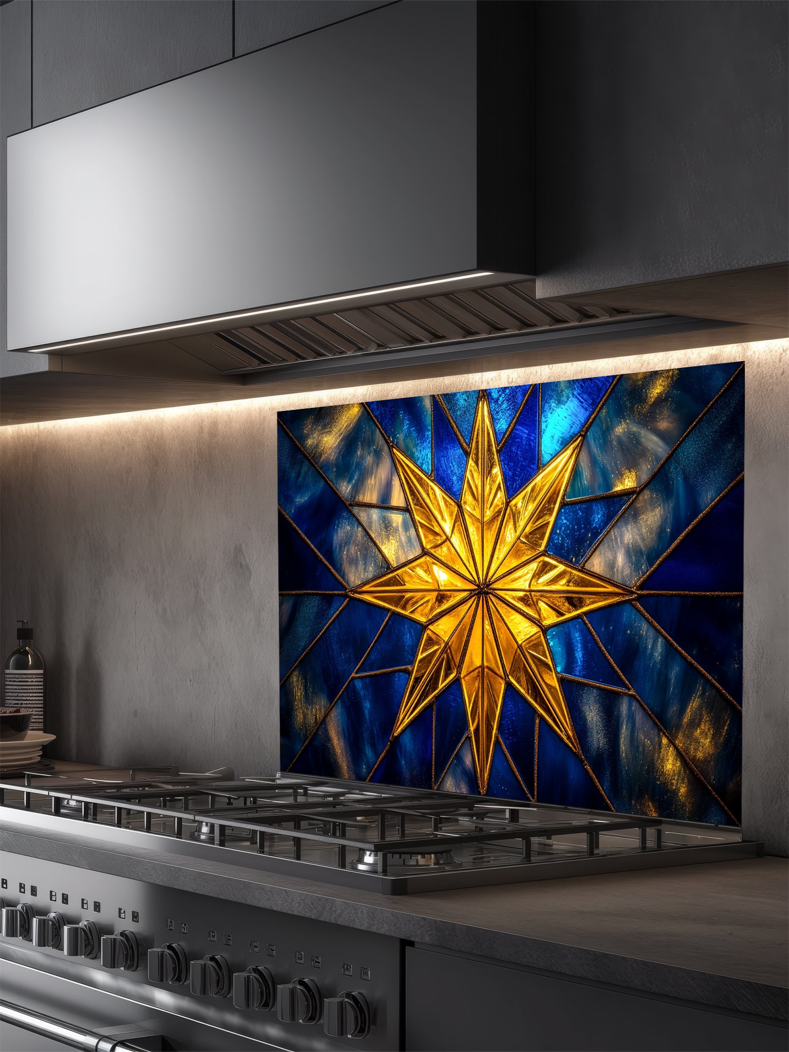 Tempered glass kitchen backsplash featuring a highly realistic 3D illusion of stained glass art showing a brilliant, glowing golden starburst or compass rose radiating against a deep sapphire blue background with faux gold lead lines, installed behind a modern stainless steel stove.
