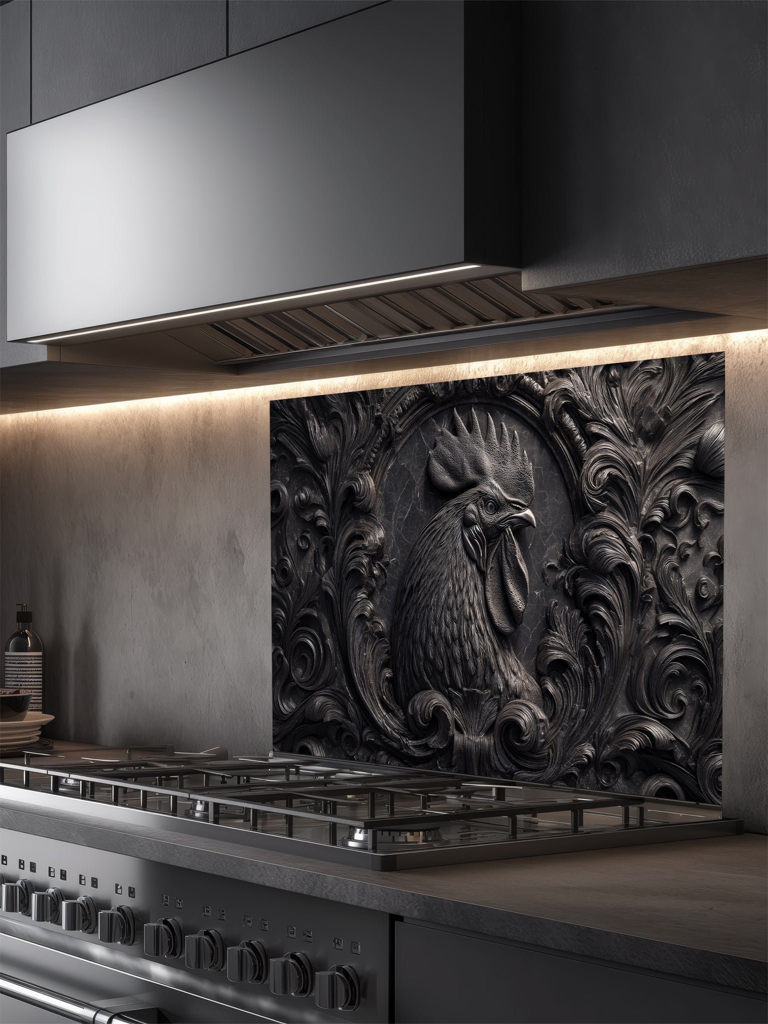 Faux 3D effect dark stone relief carving of a rooster and ornate scrollwork, UV printed on a smooth tempered glass kitchen backsplash, installed behind a modern stove.