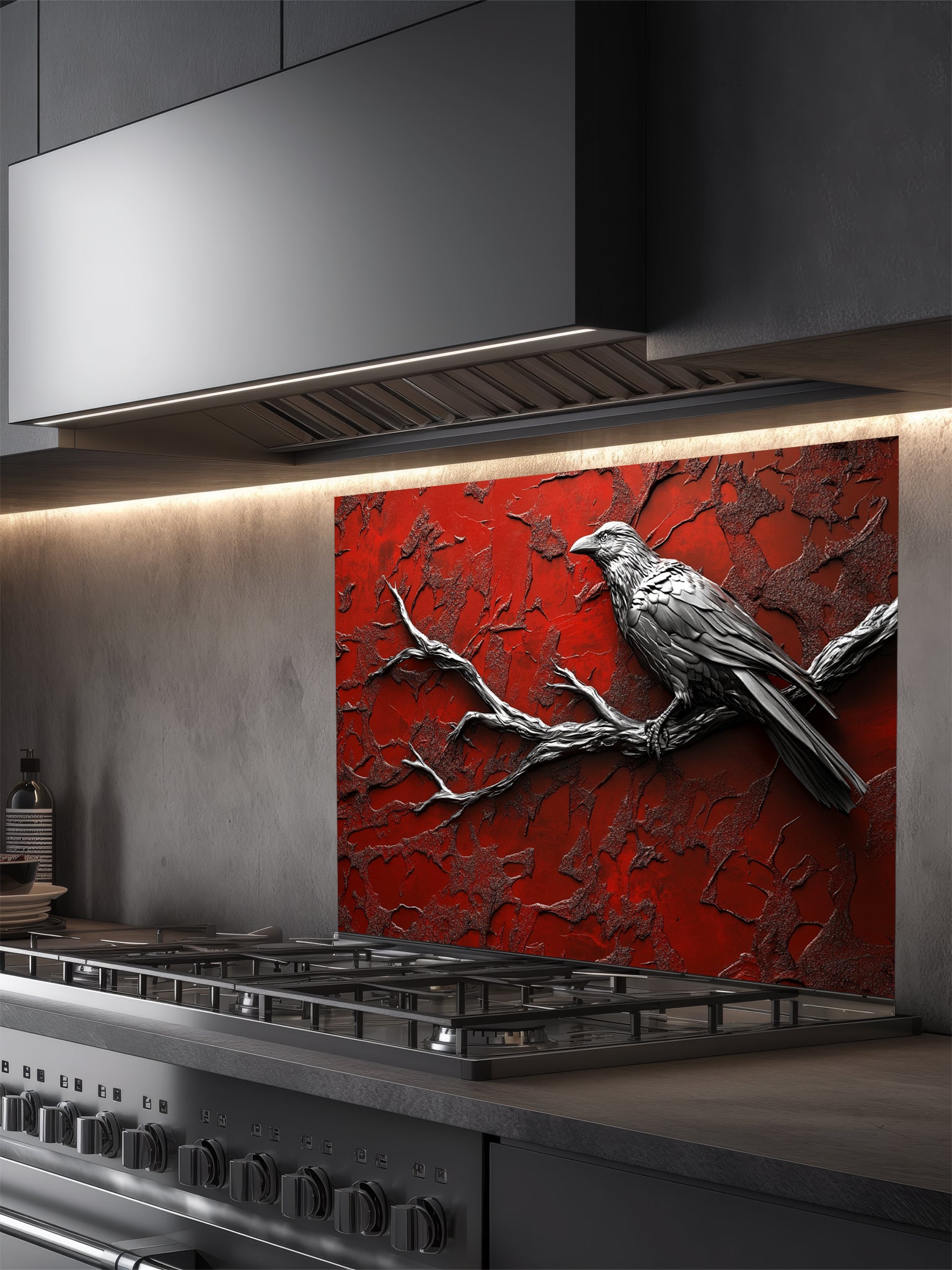 Tempered glass kitchen backsplash featuring a highly realistic 3D illusion of a sculpted metallic black raven perched on a bare branch against a heavily textured, distressed crimson red wall, installed behind a modern black stove.