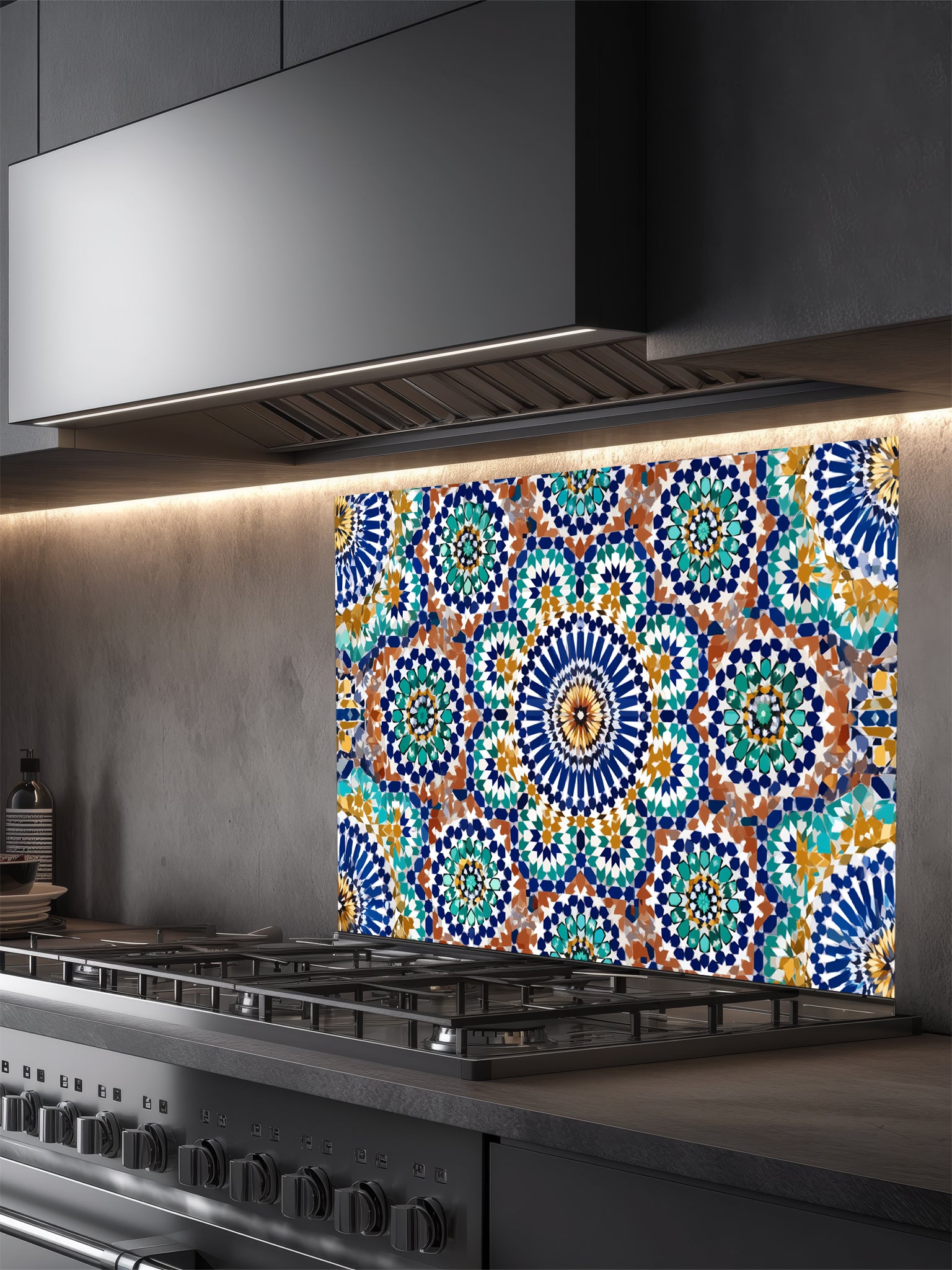 Colorful geometric patterned backsplash behind a kitchen stove