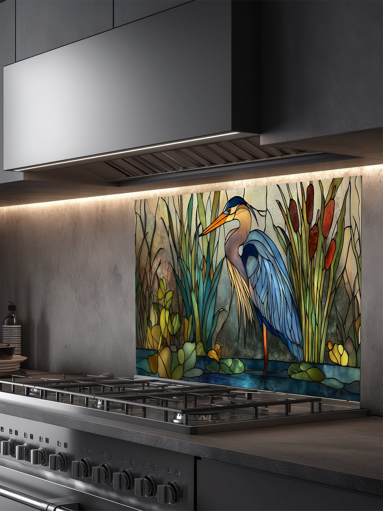 Tempered glass kitchen backsplash featuring a serene faux stained glass design of a majestic blue heron standing in a wetland with cattails and lily pads, installed behind a modern stainless steel stove.