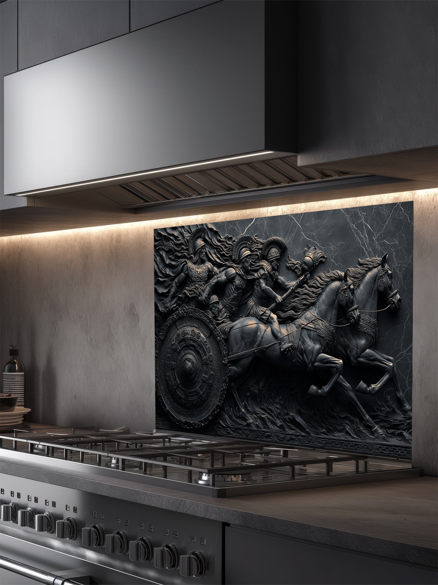 Faux 3D effect dark stone relief carving of a Roman chariot and warriors, UV printed on a smooth tempered glass kitchen backsplash, installed behind a modern stove.
