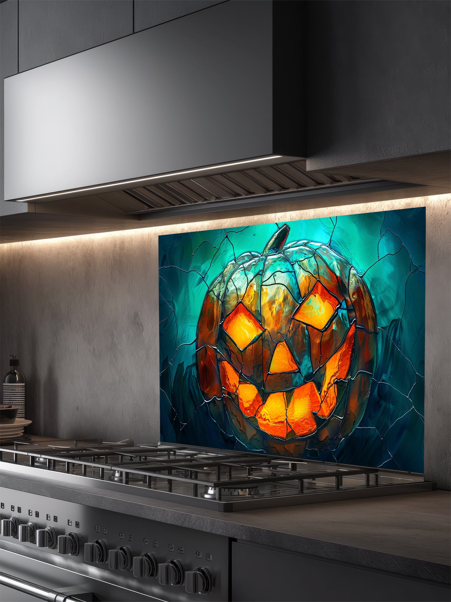 Tempered glass kitchen backsplash featuring a highly realistic 3D illusion of stained glass art showing a spooky Jack-o'-lantern pumpkin with glowing fiery orange eyes and mouth against a dark teal cracked glass background, installed behind a modern black stove.