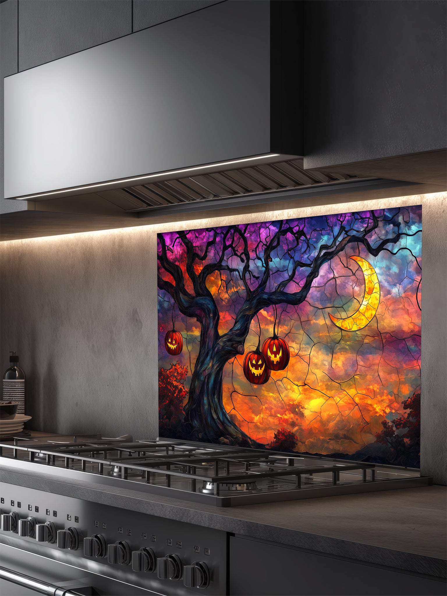 Colorful Halloween-themed glass splashback with pumpkins and a tree in a kitchen setting.