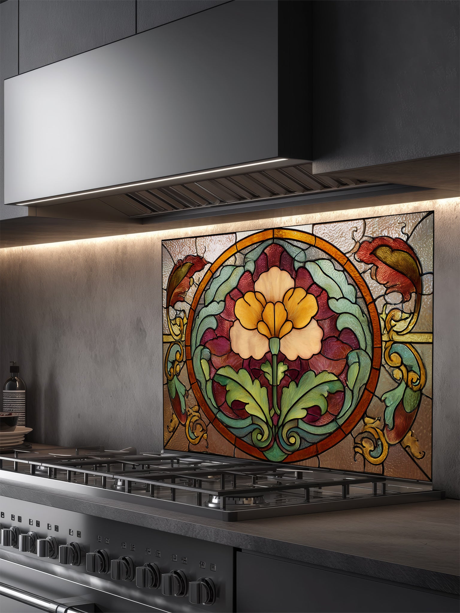 Stained glass style vintage floral medallion in warm amber, burgundy, and green tones, UV printed on a smooth tempered glass kitchen backsplash, installed behind a modern stove.