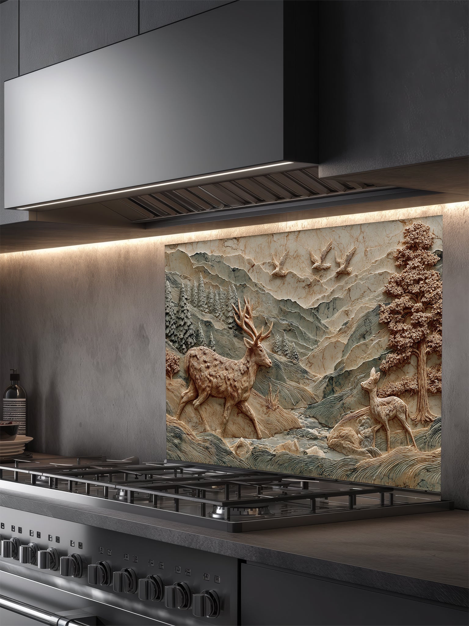 Tempered glass kitchen backsplash featuring a highly realistic 3D illusion of an intricately carved wooden bas-relief sculpture showing a majestic stag and a fawn wandering through a textured mountain and pine forest landscape, installed behind a modern black stove.