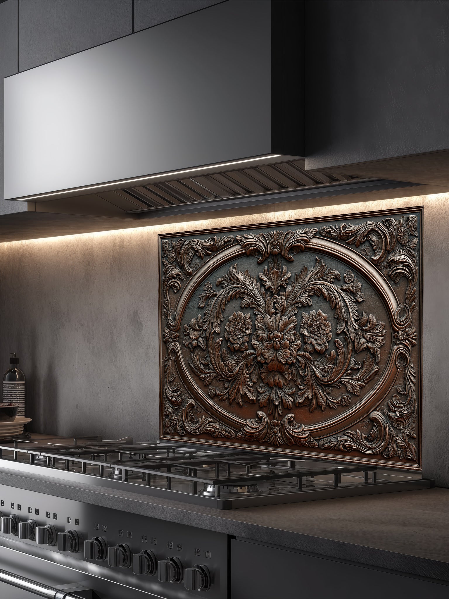 Faux 3D effect dark wood carved floral pattern in an ornate baroque frame, UV printed on a smooth tempered glass kitchen backsplash, installed behind a modern stove.