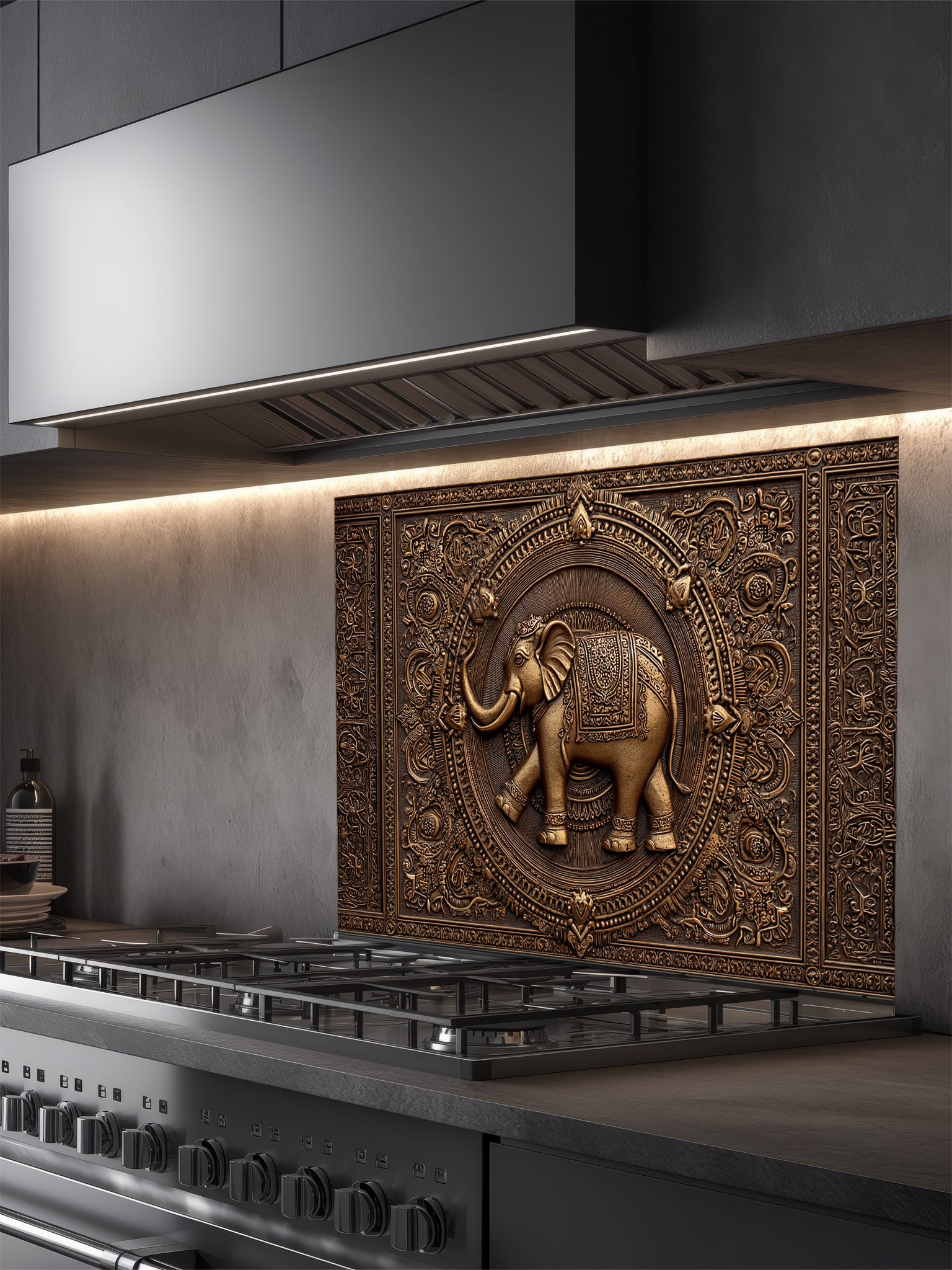 Faux 3D effect intricately carved bronze elephant and ornate mandala pattern, UV printed on a smooth tempered glass kitchen backsplash, installed behind a modern stove.