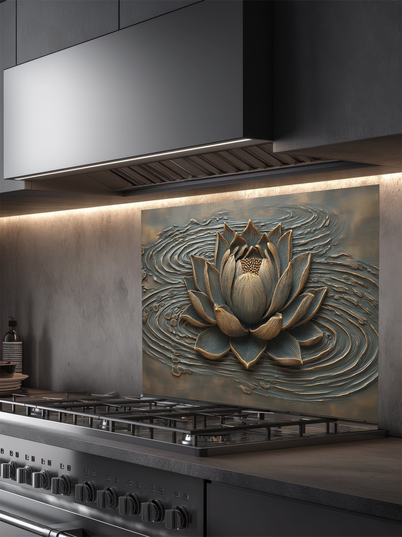 Faux 3D sculpted relief of a lotus flower with bronze highlights and rippling water waves on a dark background, UV printed on a smooth tempered glass kitchen backsplash.