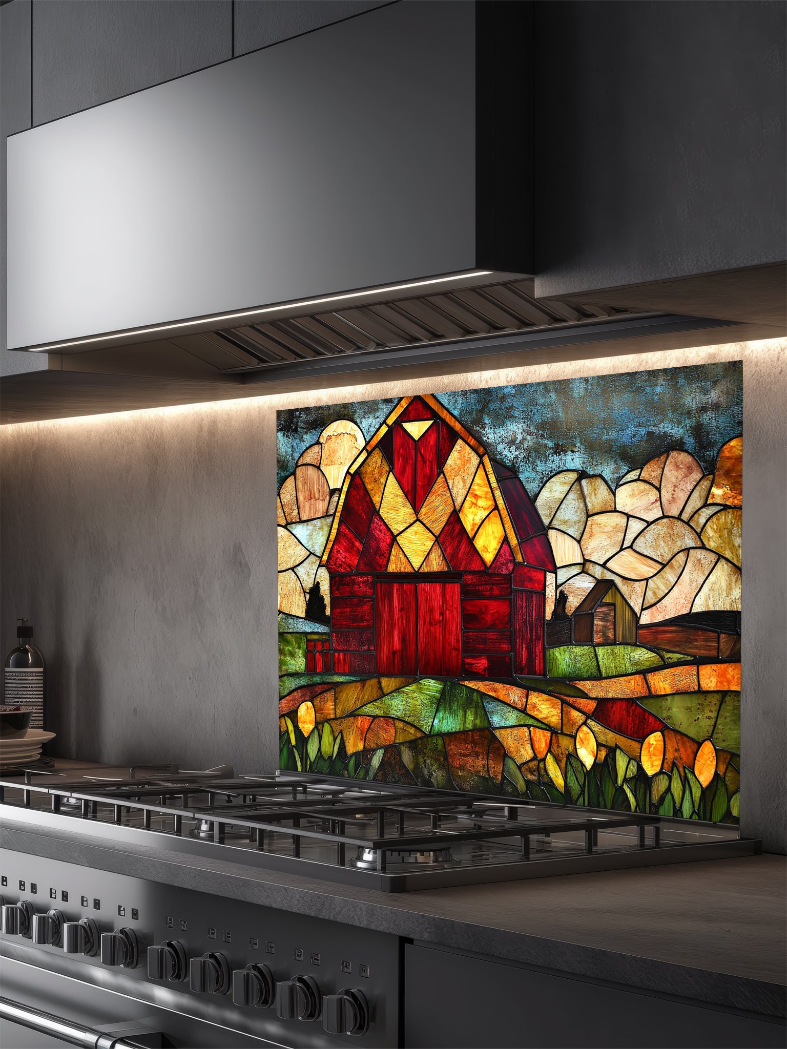 Tempered glass kitchen backsplash featuring a highly realistic 3D illusion of stained glass art showing a classic rustic red barn set in a vibrant farm landscape with golden fields under a cloudy blue sky, installed behind a modern black stove.