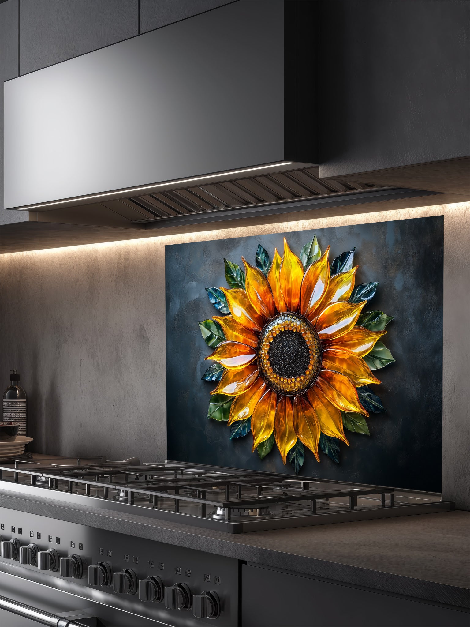 Tempered glass kitchen backsplash featuring a highly realistic 3D illusion of a glowing, translucent blown glass golden sunflower with green leaves against a dramatic dark charcoal background, installed behind a modern stainless steel stove.