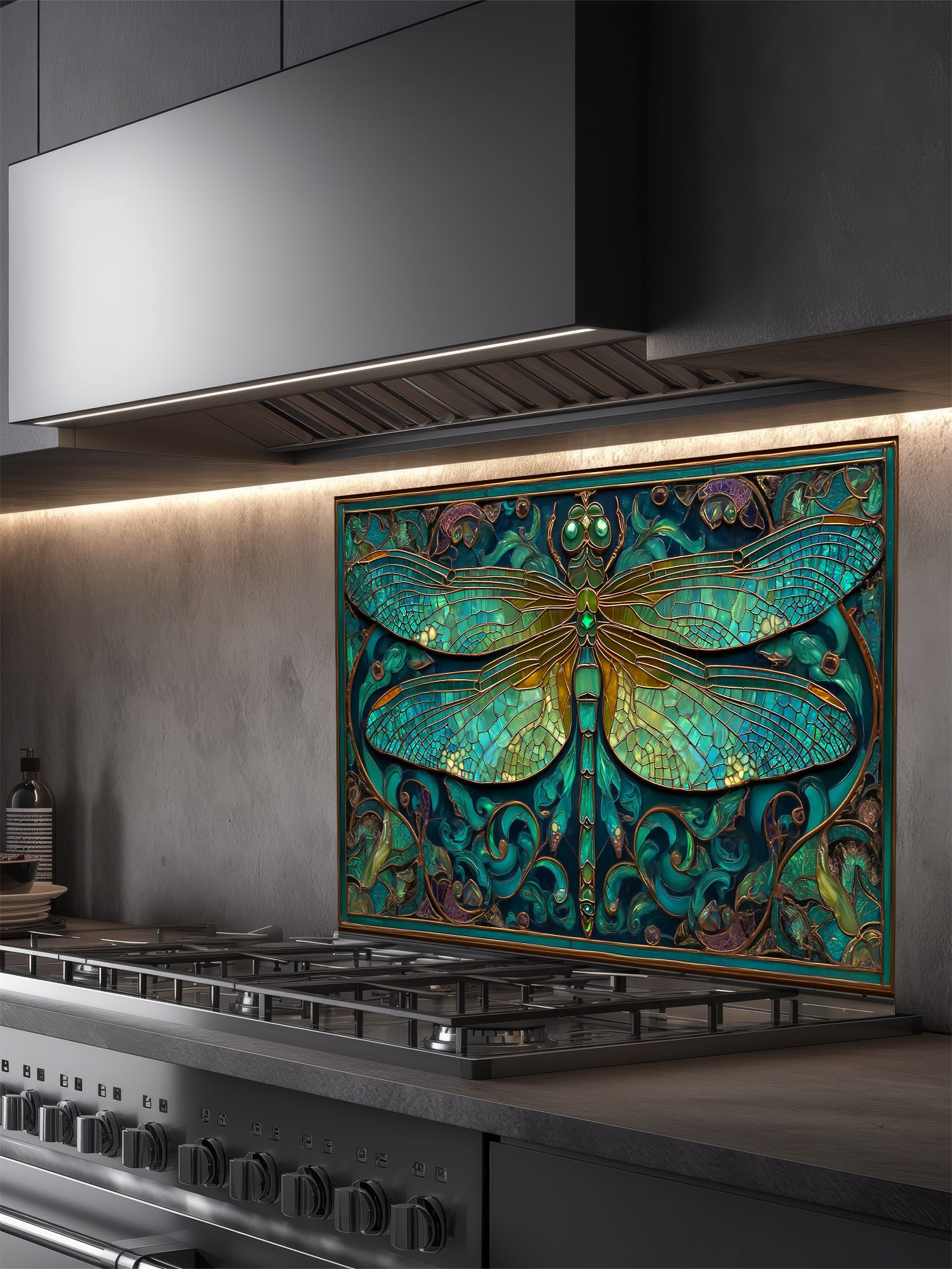Tempered glass kitchen backsplash featuring a highly realistic 3D illusion of Art Nouveau stained glass showing a magnificent dragonfly with intricate teal and emerald green wings outlined in gold, surrounded by botanical swirls, installed behind a modern stainless steel stove.