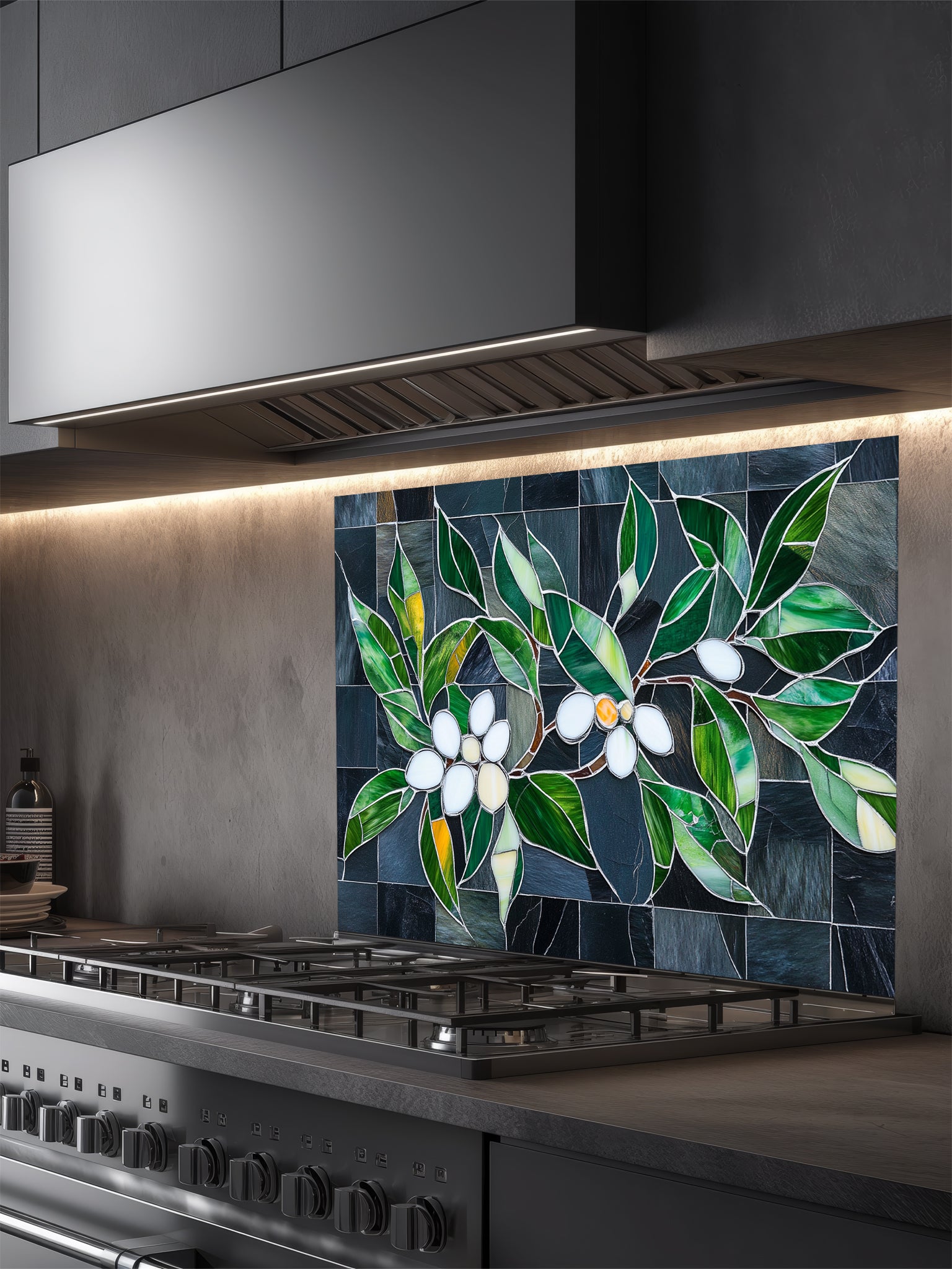 Tempered glass kitchen backsplash featuring a highly realistic 3D illusion of stained glass white blossoms and emerald green leaves integrated into a background of dark charcoal grey textured slate tiles, installed behind a modern black stove.