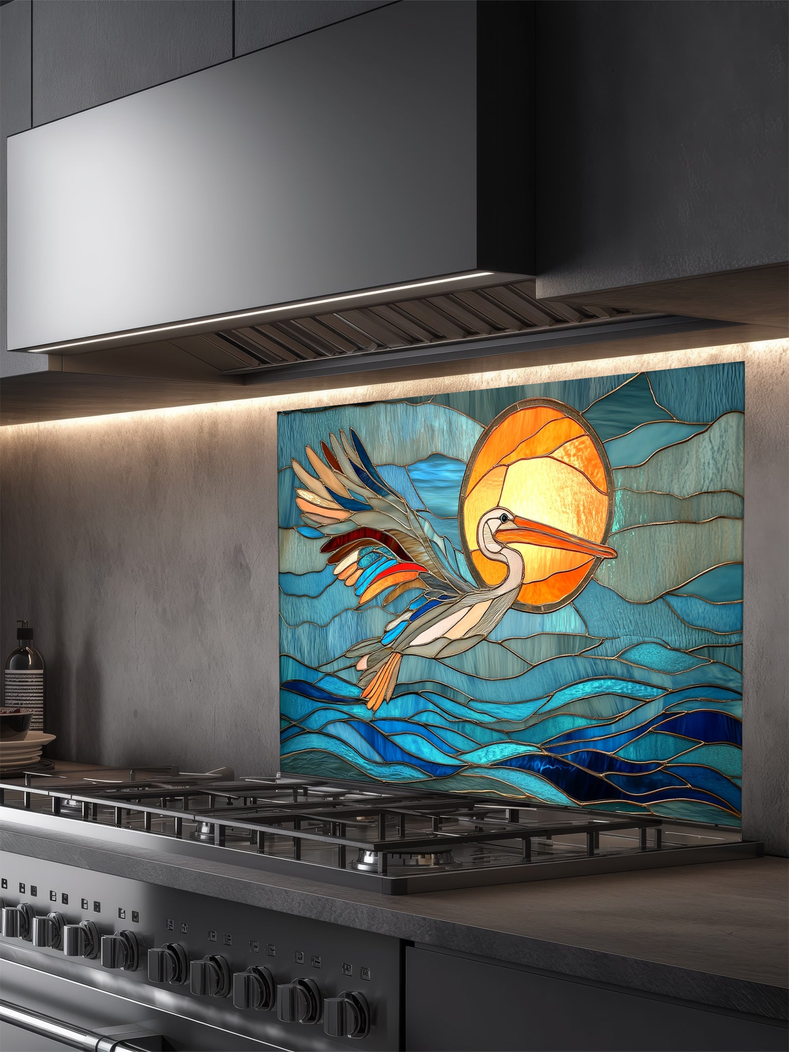 Stained glass style pelican flying over blue ocean waves and a bright sun, UV printed on tempered glass kitchen backsplash, installed behind a modern stove.