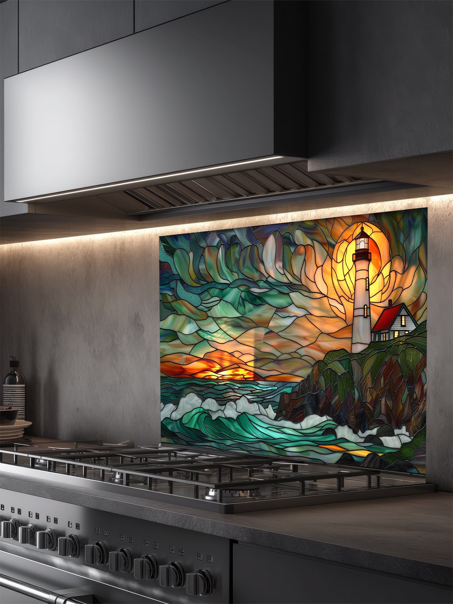 Tempered glass kitchen backsplash featuring a highly realistic 3D illusion of scenic stained glass art showing a classic lighthouse with a red roof on a rocky cliff overlooking turbulent teal ocean waves under a vibrant orange and amber sunset sky, installed behind a modern black stove.