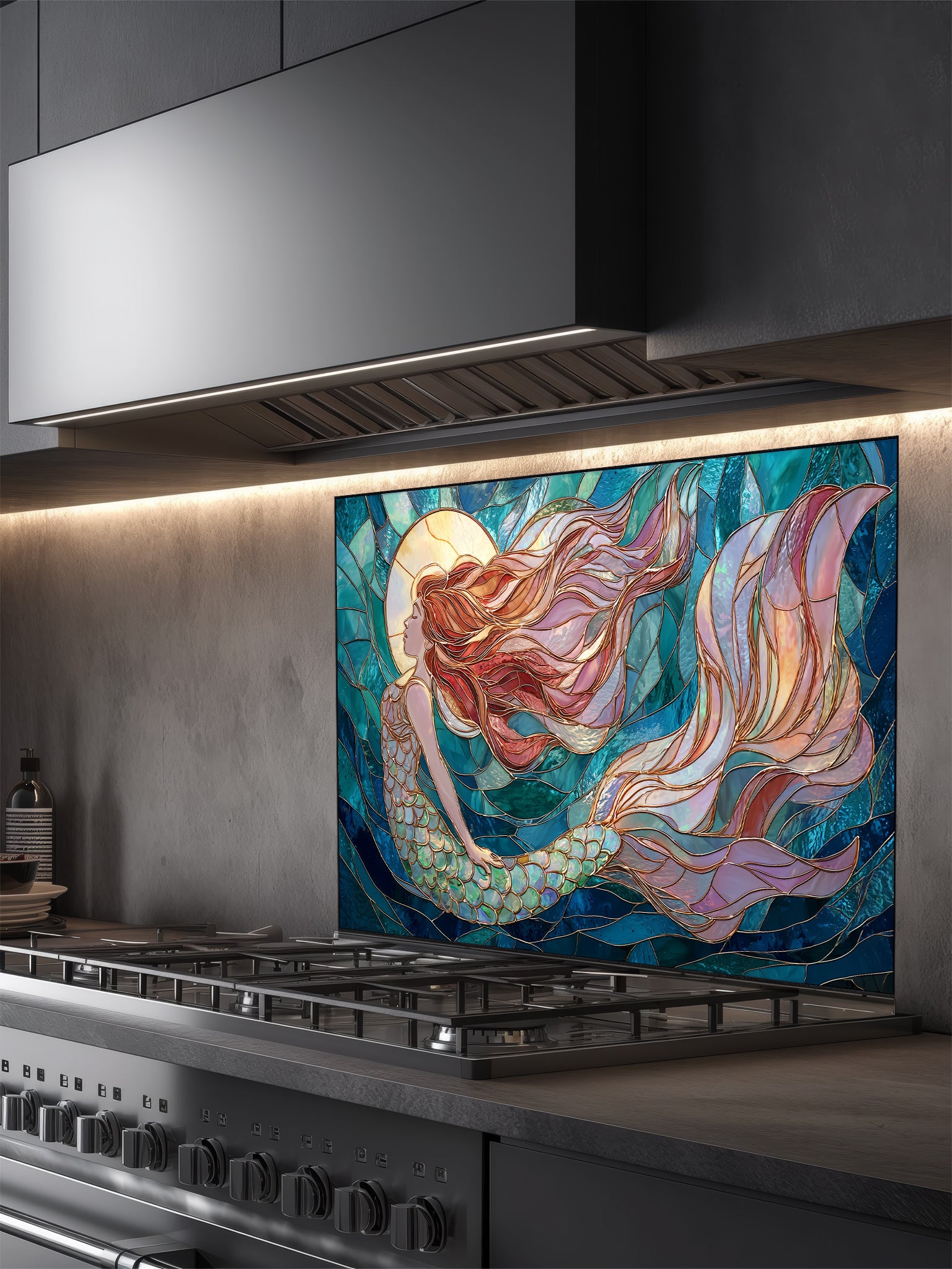 Tempered glass kitchen backsplash featuring a highly realistic 3D illusion of stained glass art showing an elegant mermaid with flowing hair swimming through dynamic ocean waves in deep blues and turquoise, installed behind a modern stainless steel stove.