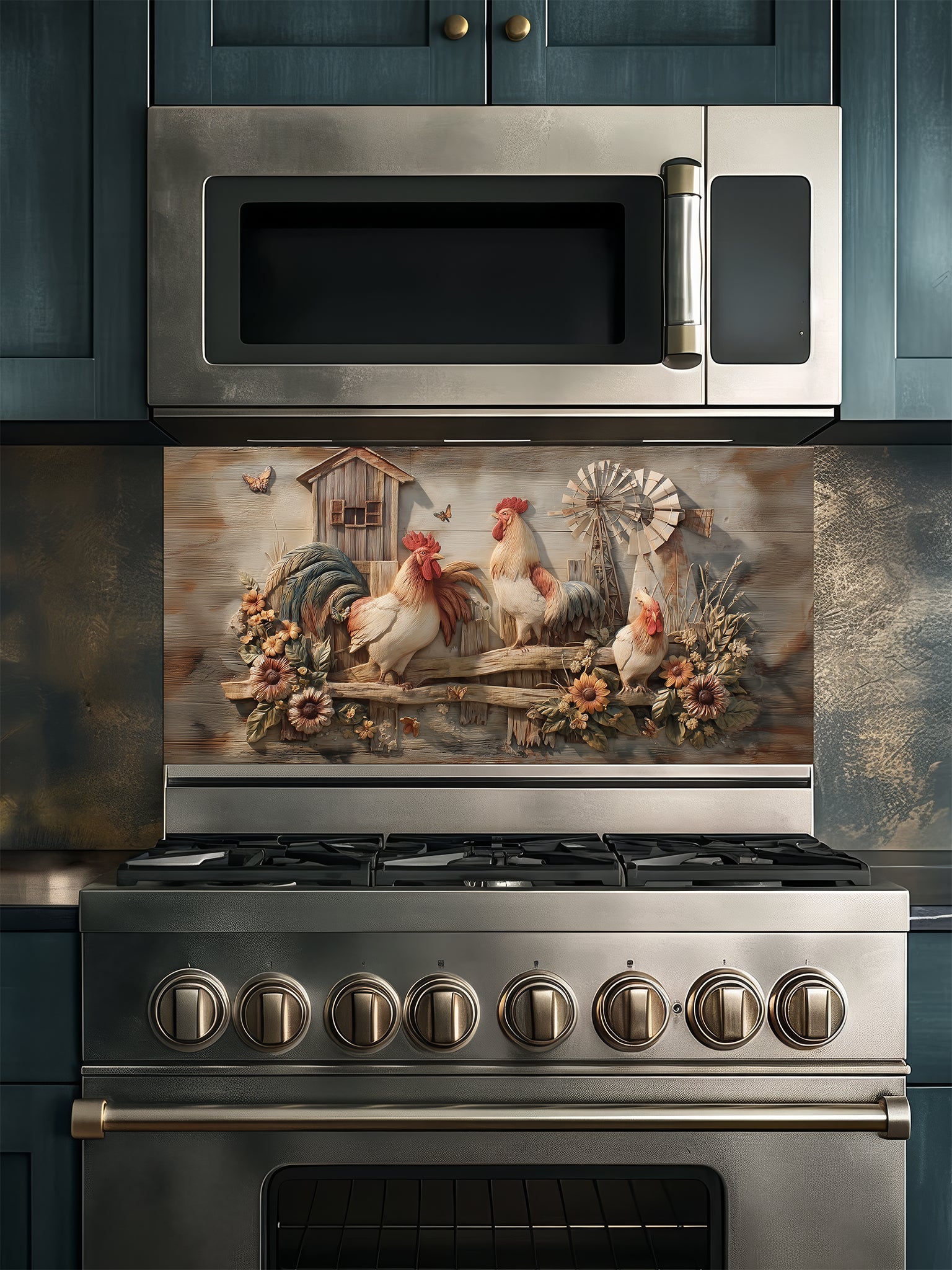 Tempered glass kitchen backsplash featuring a realistic 3D carved wood effect design with roosters, sunflowers, and a windmill, installed behind a modern stainless steel stove.