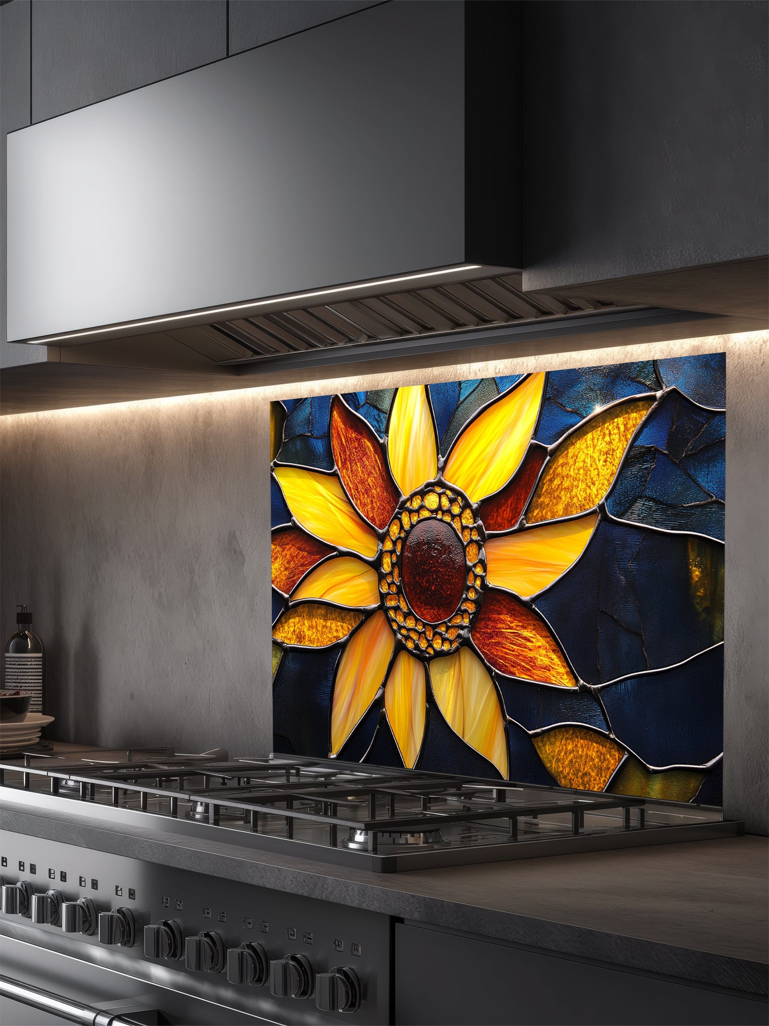 Stained glass style macro sunflower with vibrant yellow petals against a dark blue background, UV printed on a smooth tempered glass kitchen backsplash.