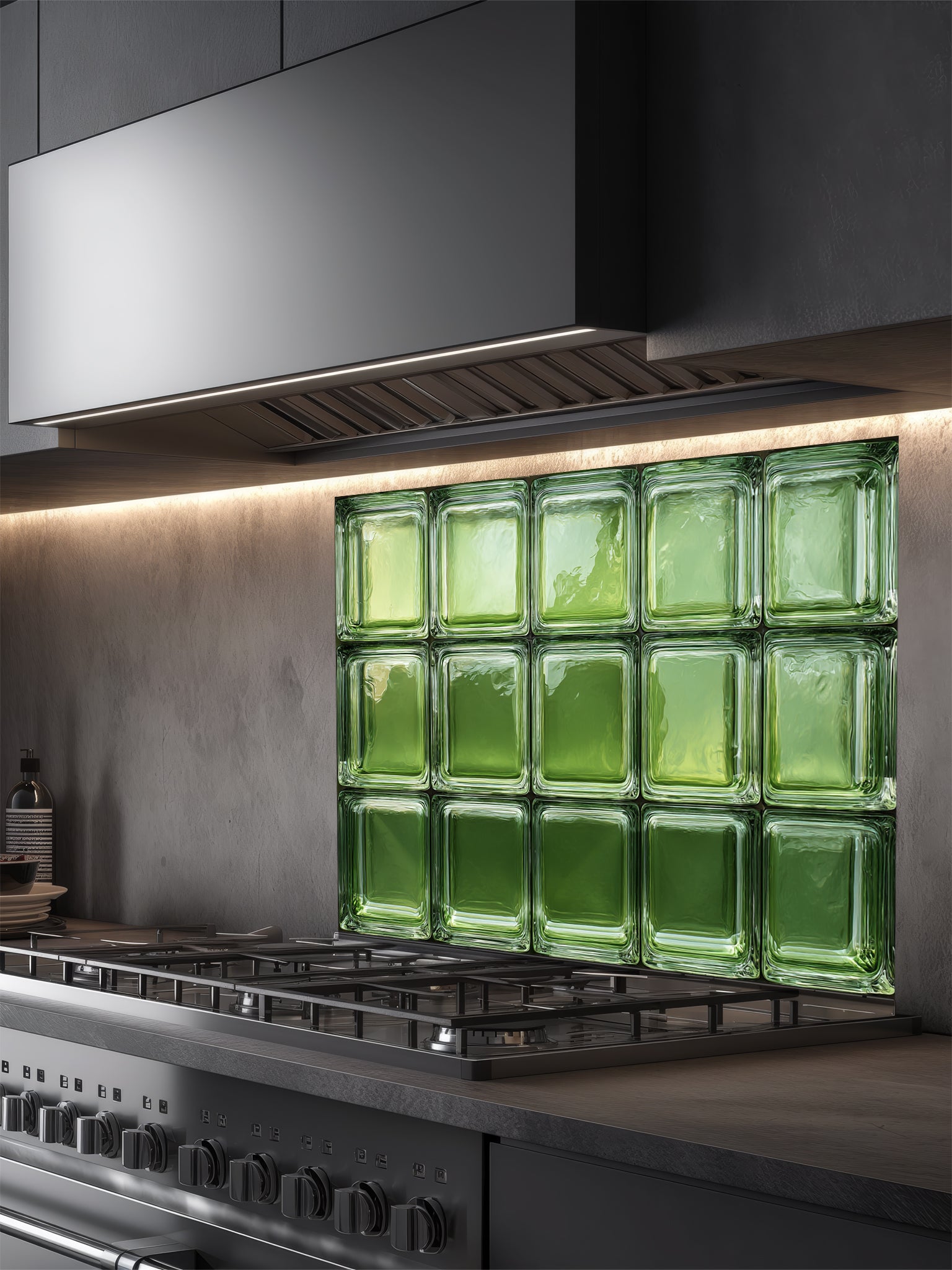 Tempered glass kitchen backsplash featuring a highly realistic 3D illusion of architectural glass blocks in vibrant translucent vintage green with authentic wavy textures, installed behind a modern black stove.