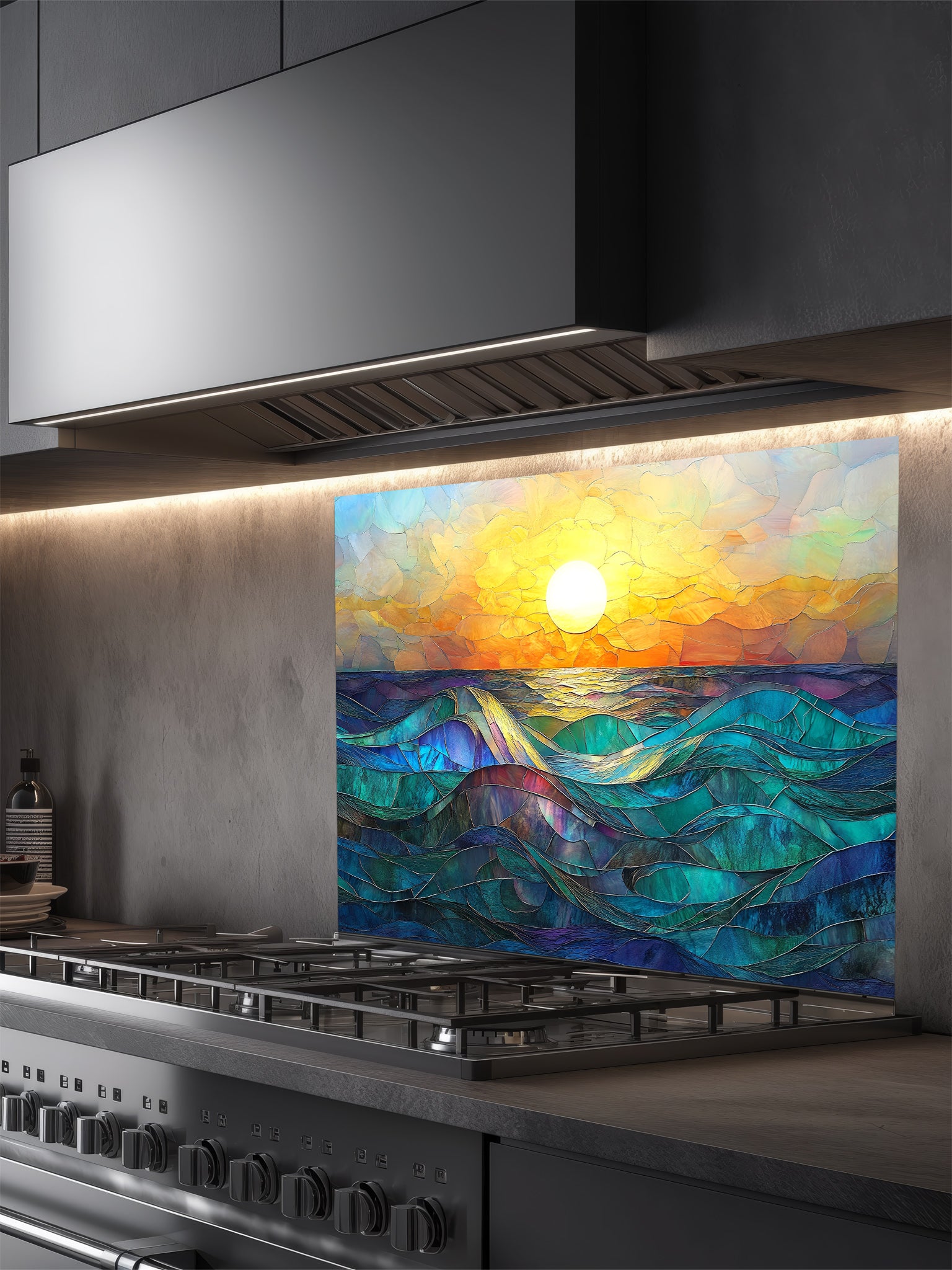 Stainless steel range hood with a colorful ocean sunset design on a glass panel.