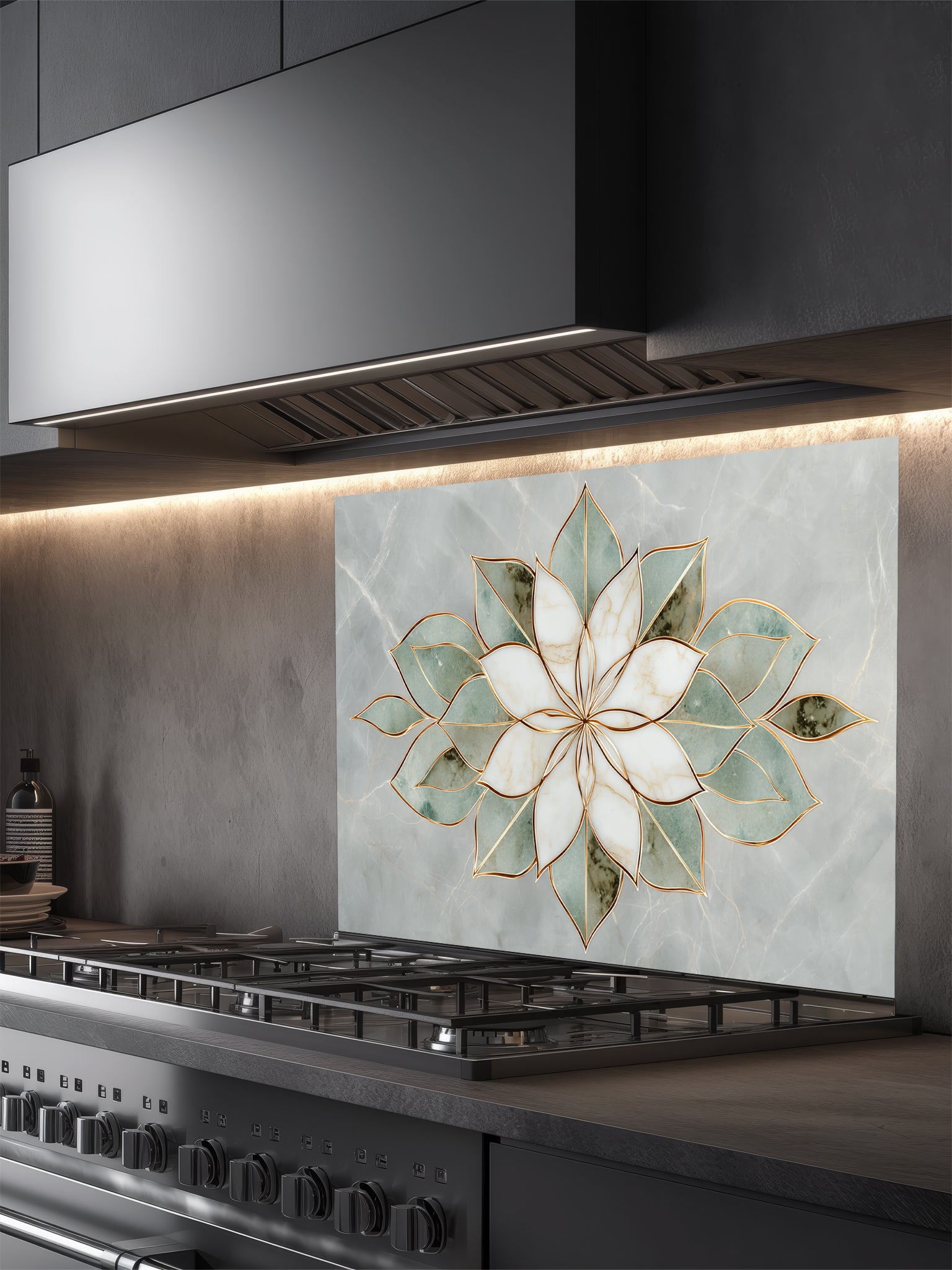 Faux light green jade marble kitchen backsplash featuring a sharp, geometric white and sage green stone lotus with gold inlay, UV printed on smooth tempered glass.