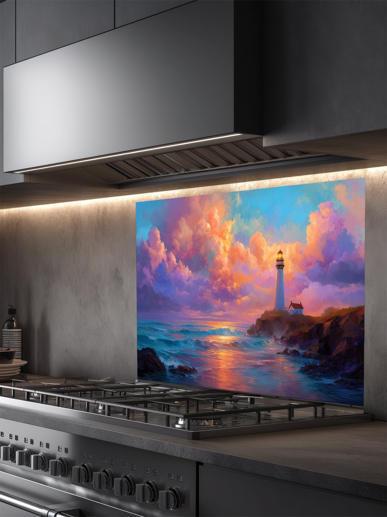 Painting style landscape of a classic lighthouse on a rocky cliff overlooking ocean waves under a colorful sunset sky, UV printed on a smooth tempered glass kitchen backsplash.