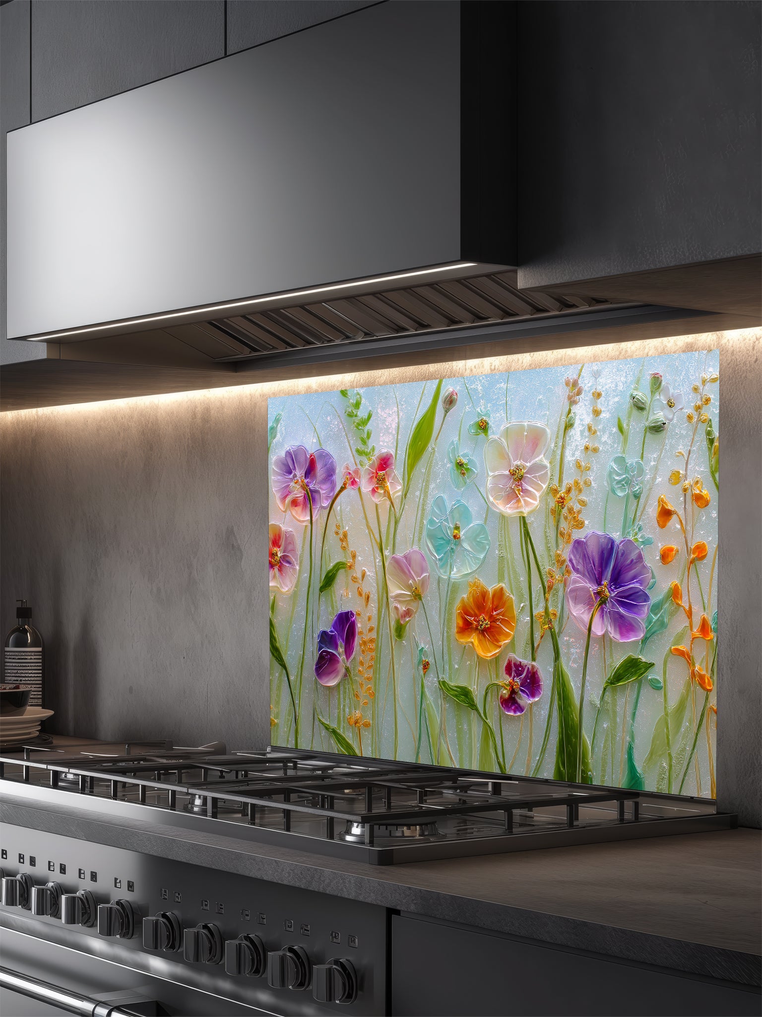 Faux 3D effect glossy glass art wildflowers including pansies in vibrant purple, pink, yellow, and blue, UV printed on a smooth tempered glass kitchen backsplash.