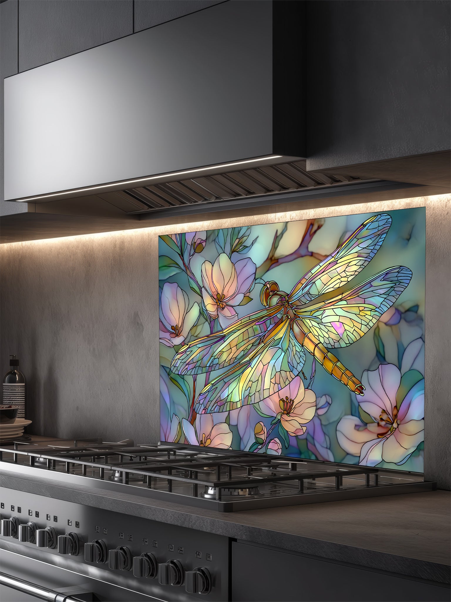 Tempered glass kitchen backsplash featuring a highly realistic 3D illusion of Art Nouveau stained glass showing an elegant dragonfly with iridescent translucent wings resting among soft pastel pink and mint green blooming flowers, installed behind a modern stainless steel stove.