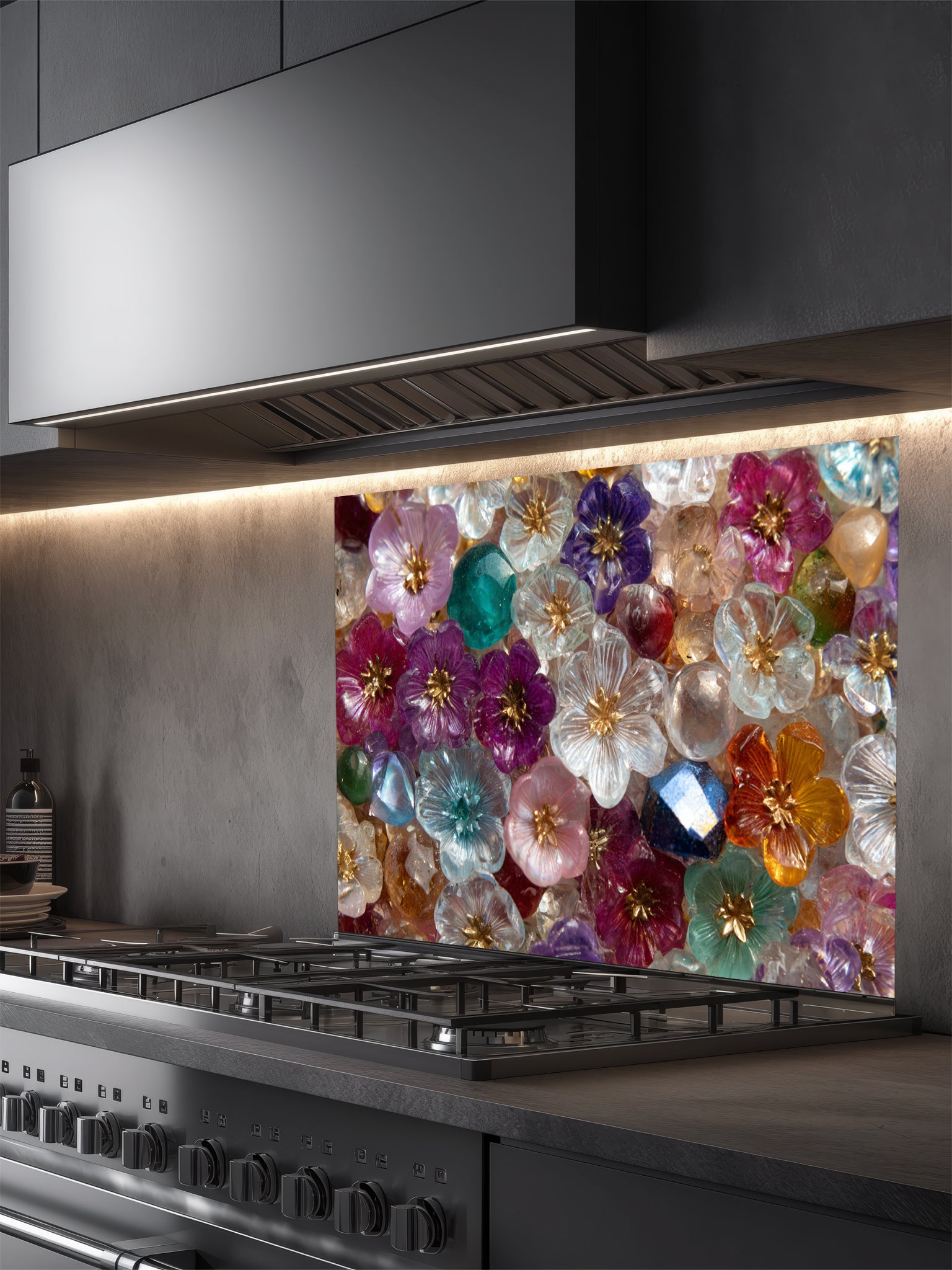 Tempered glass kitchen backsplash featuring a highly realistic 3D illusion of a dense, sparkling mosaic made of translucent glass flowers and crystal gems in vibrant jewel tones of purple, ruby, sapphire, emerald, and gold, installed behind a modern black stove.