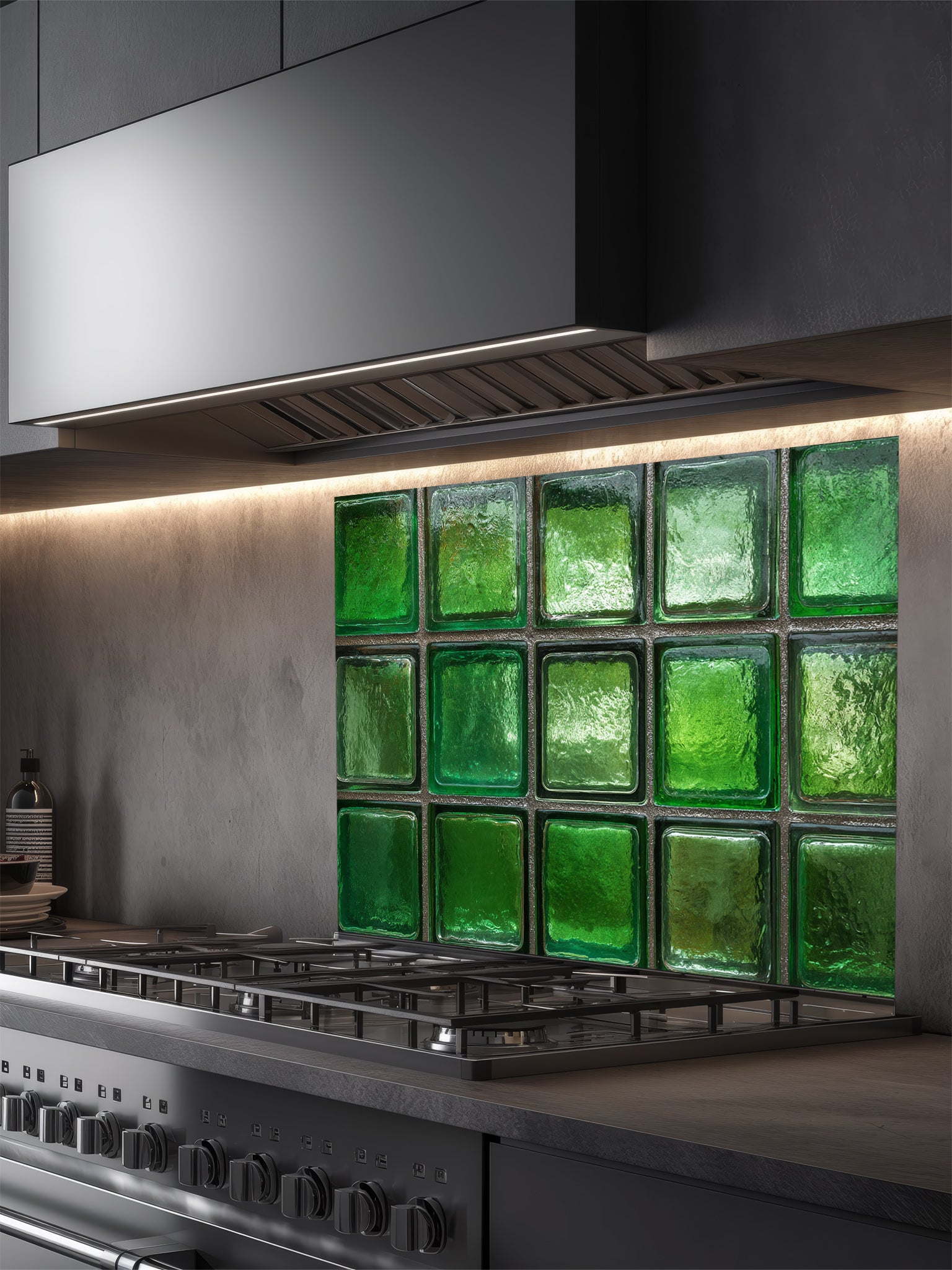 Faux green glass block 3D effect UV printed on a smooth tempered glass kitchen backsplash, installed behind a modern stove.