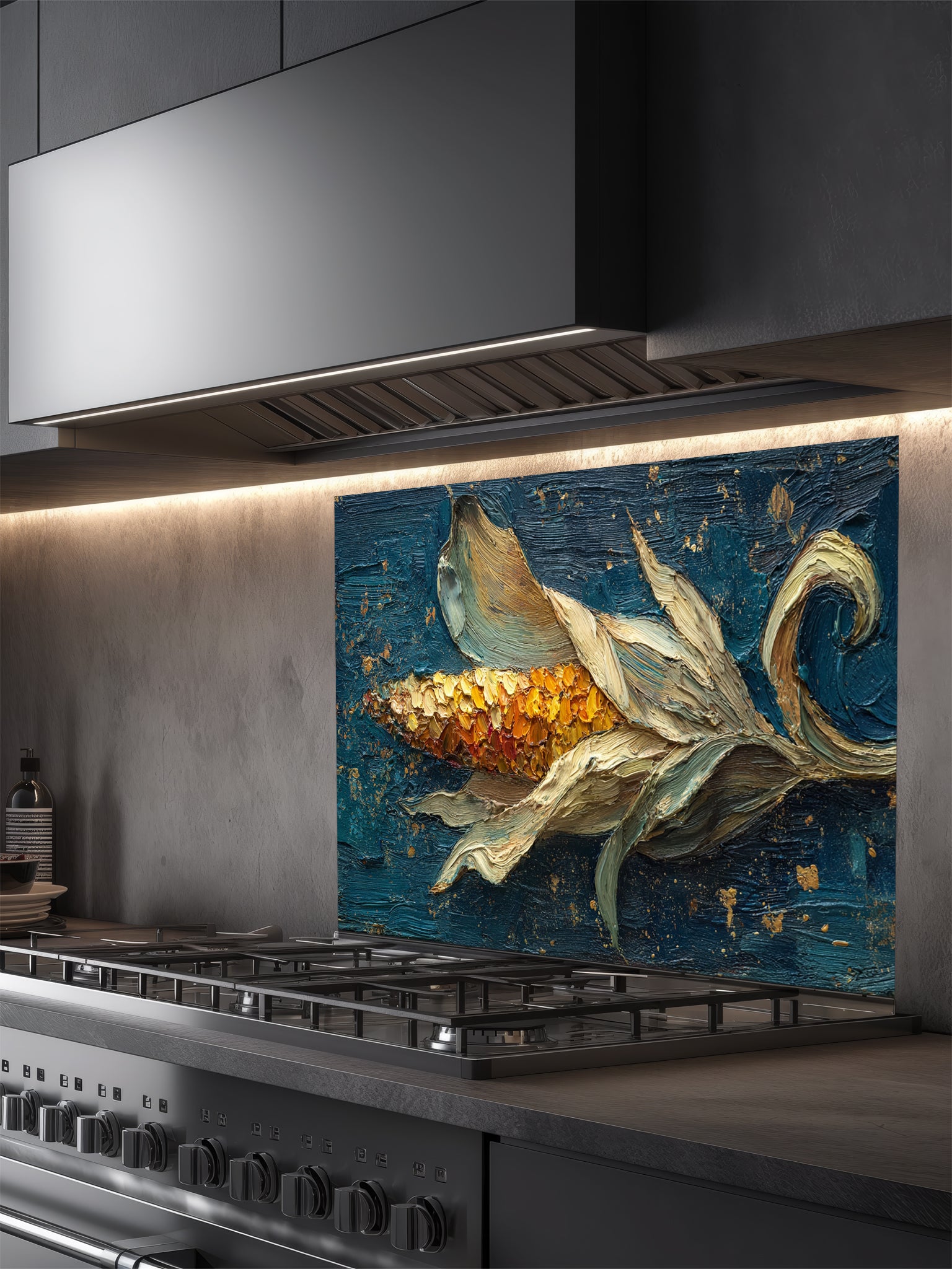 Tempered glass kitchen backsplash featuring a highly realistic 3D illusion of a thick impasto oil painting created with a palette knife, showing a golden ear of corn with flowing husks against a dark teal background with gold splatters, installed behind a modern black stove.