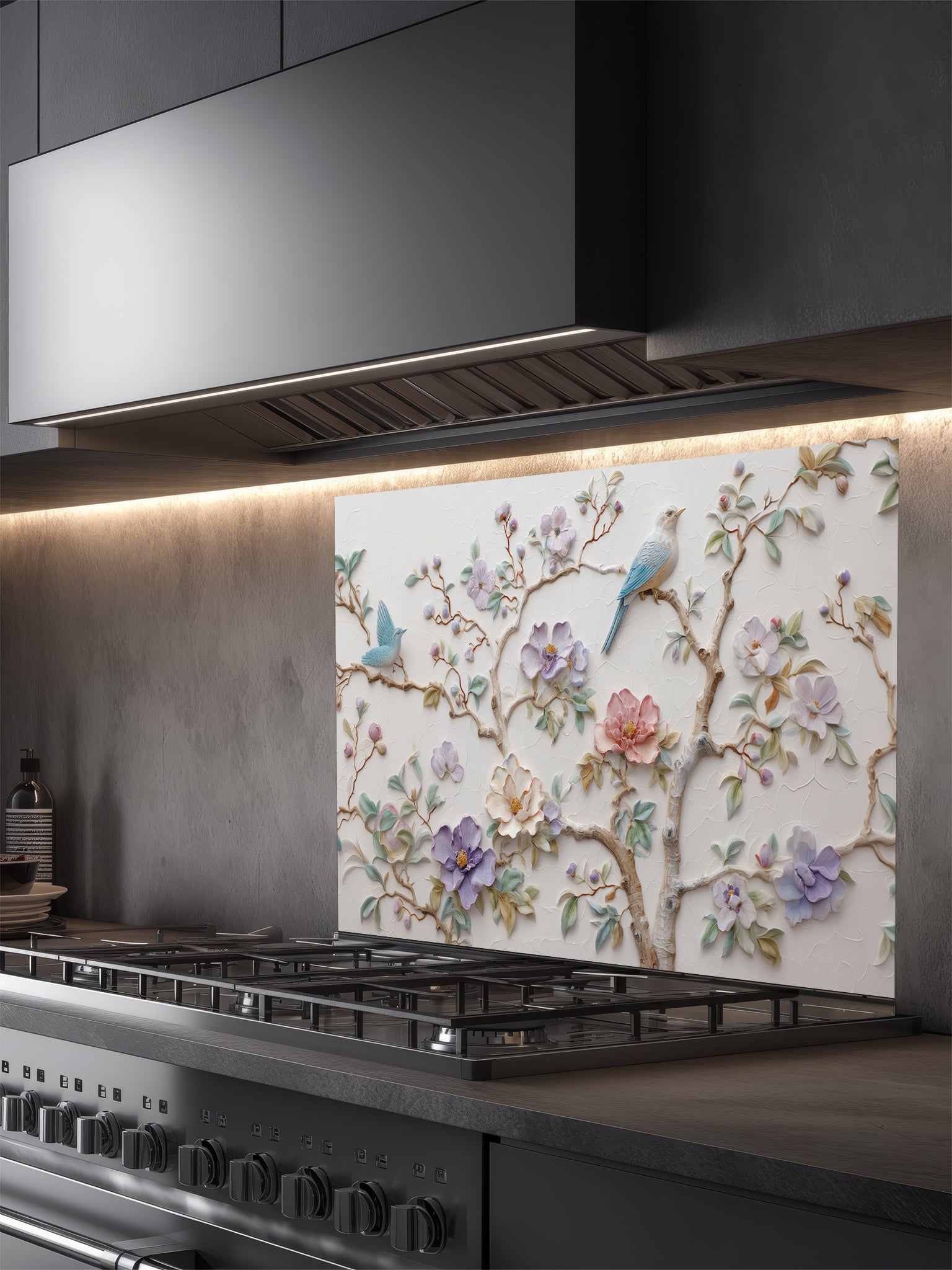 Tempered glass kitchen backsplash featuring a highly realistic 3D illusion of bas-relief plaster art with pastel blooming flowers and light blue birds perched on branches against a white textured background, installed behind a modern stainless steel stove.