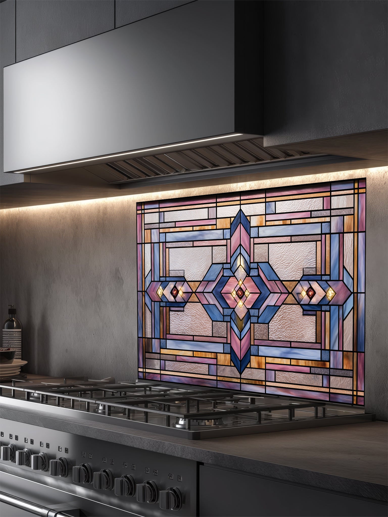 Tempered glass kitchen backsplash featuring a highly realistic 3D illusion of architectural Prairie-style stained glass, showing a symmetrical geometric pattern with diamonds and intersecting lines in dusty rose, lavender, soft blue, and amber, installed behind a modern black stove.