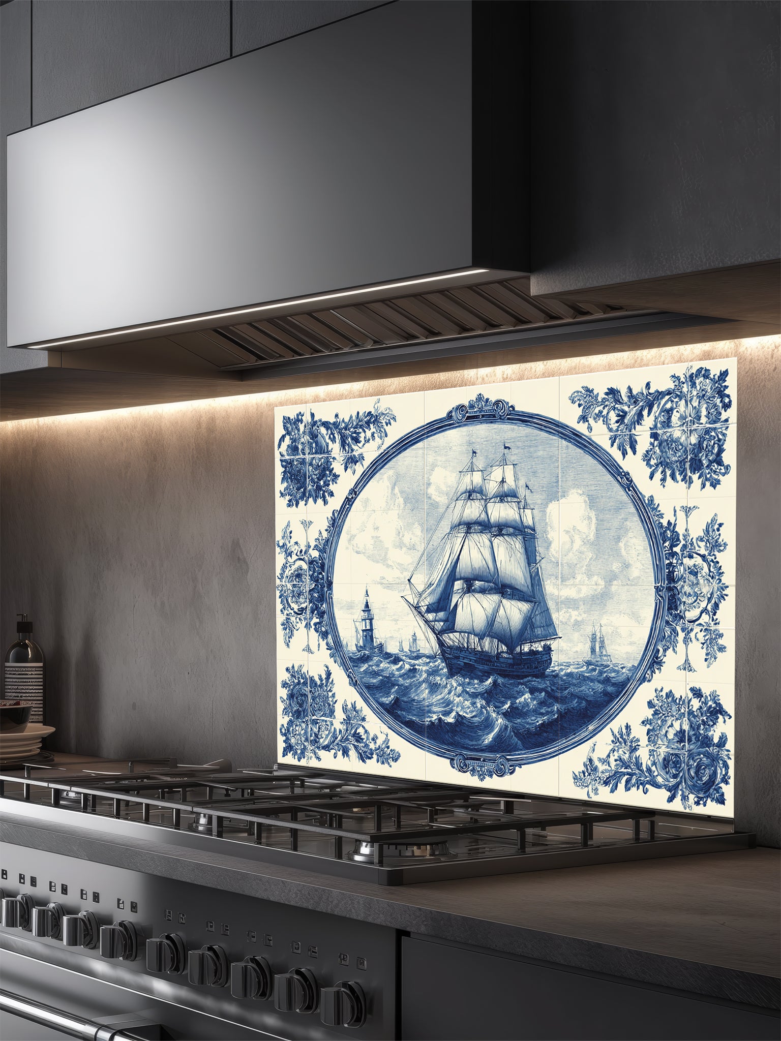 Faux blue and white Portuguese Azulejo tile mural featuring a classic sailing ship on the ocean, UV printed on a smooth tempered glass kitchen backsplash.