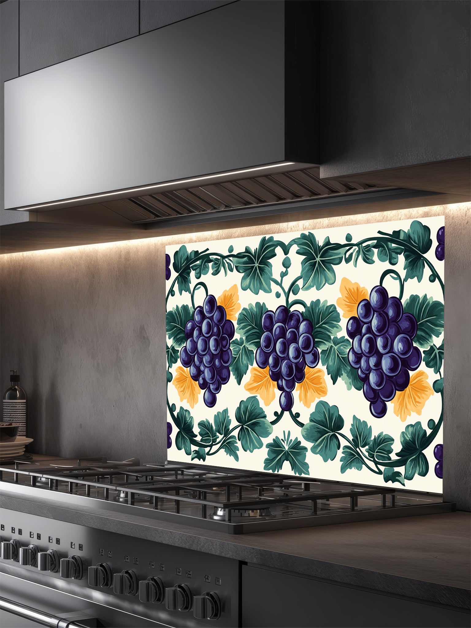 Traditional Mediterranean style faux tile pattern featuring purple grapes, green vine leaves, and yellow accents on a cream background, UV printed on a smooth tempered glass kitchen backsplash.