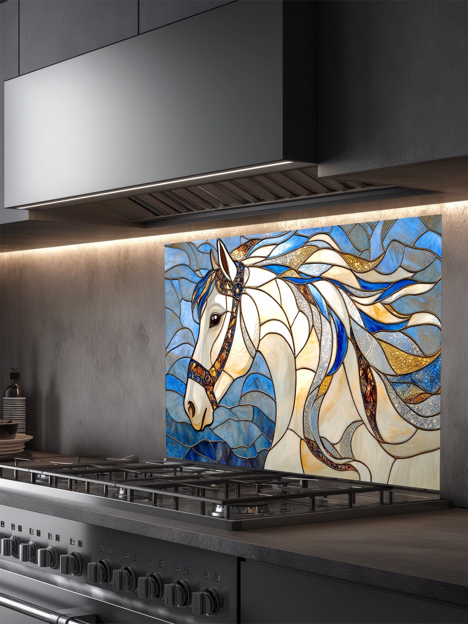 Tempered glass kitchen backsplash featuring a highly realistic 3D illusion of stained glass art showing a majestic noble white horse profile with a flowing, dynamic mane in sapphire blue and gold against a swirling blue background, installed behind a modern black stove.