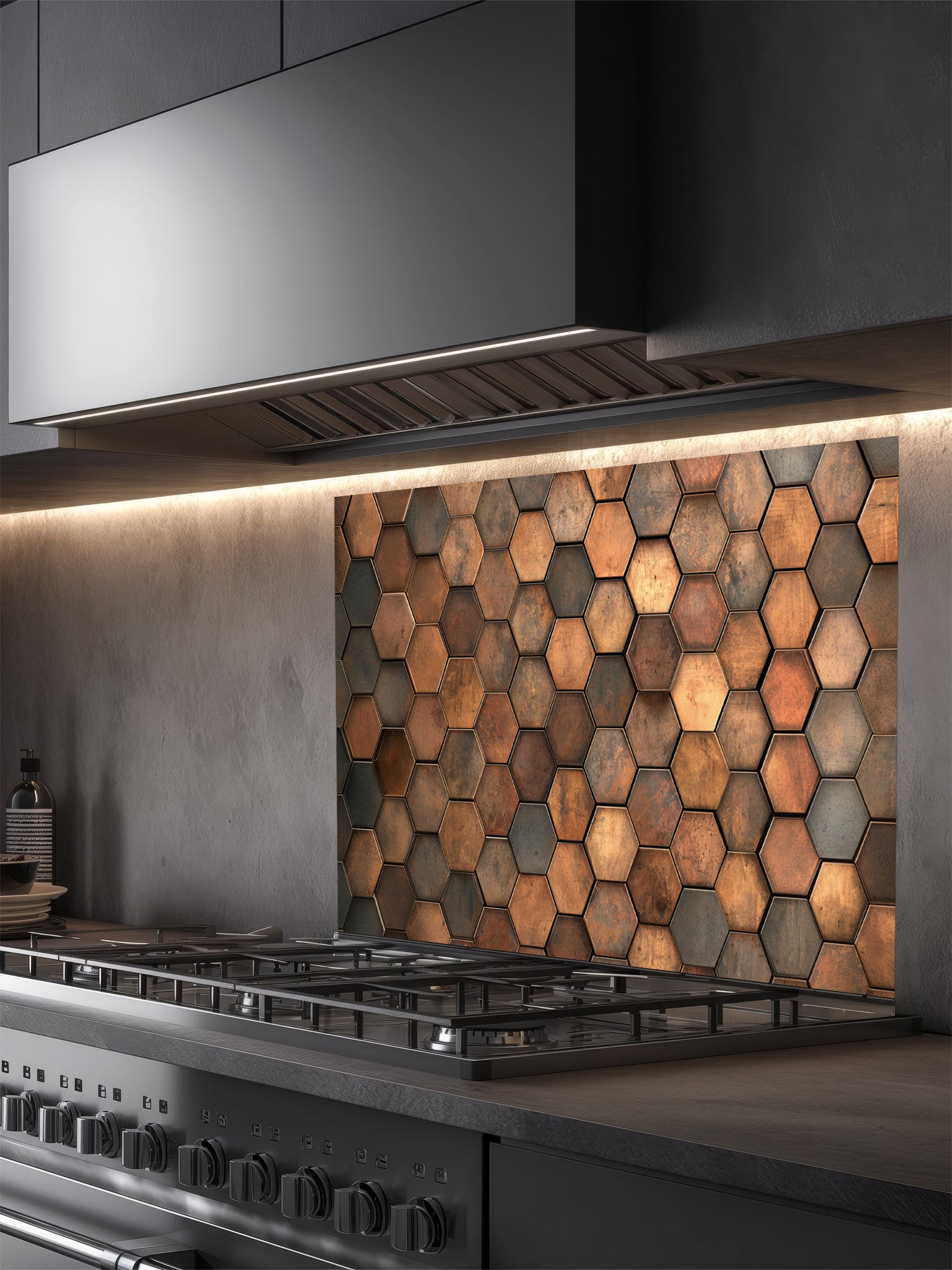 Faux 3D industrial metal hexagon honeycomb tile pattern in rustic copper and bronze tones, UV printed on a smooth tempered glass kitchen backsplash.