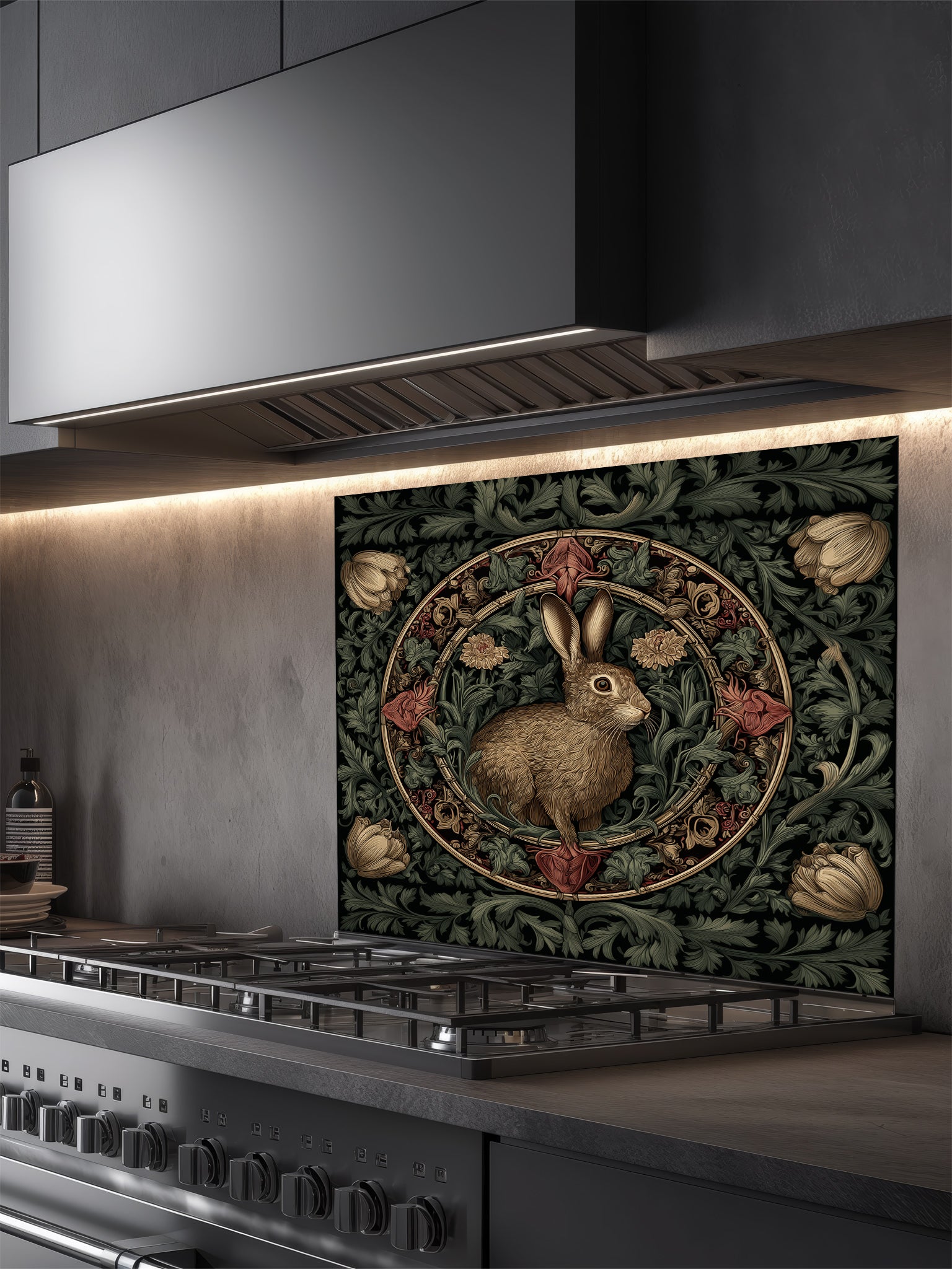 Tempered glass kitchen backsplash featuring a vintage-style dark botanical design with an ornate circular floral frame enclosing a classic illustration of a brown woodland hare, installed behind a modern stainless steel stove.