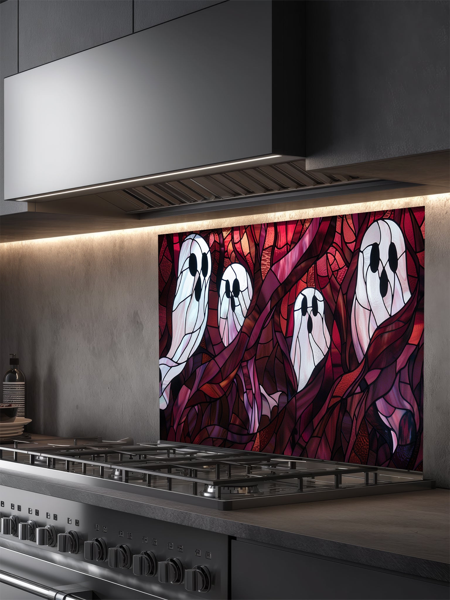 Tempered glass kitchen backsplash featuring a highly realistic 3D illusion of macabre stained glass art showing spooky white ghosts floating among twisted dark red and purple haunted forest branches, installed behind a modern stainless steel stove.