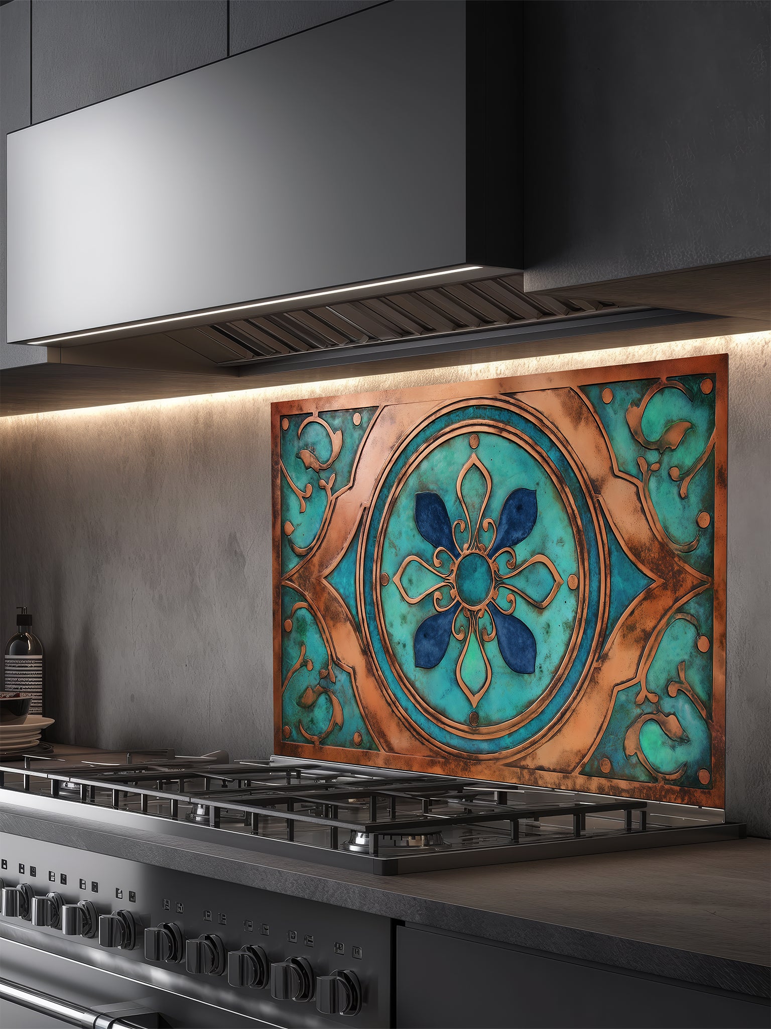 Tempered glass kitchen backsplash featuring a highly realistic 3D faux metal design of an ornate Moroccan floral mandala in oxidized copper with rich teal patina accents, installed behind a modern stainless steel stove.