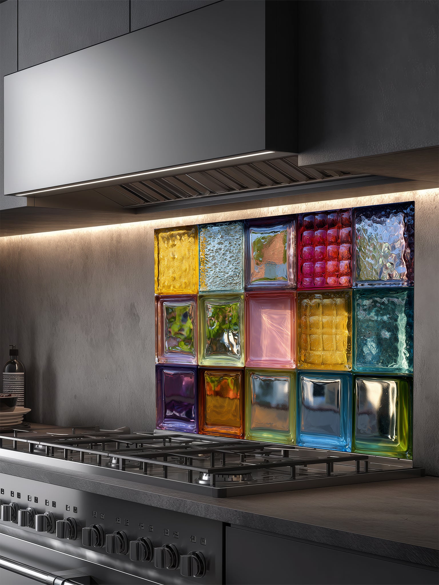 Tempered glass kitchen backsplash featuring a highly realistic 3D illusion of colorful, textured retro glass blocks in vibrant shades of blue, pink, amber, and green, installed behind a modern stainless steel stove.