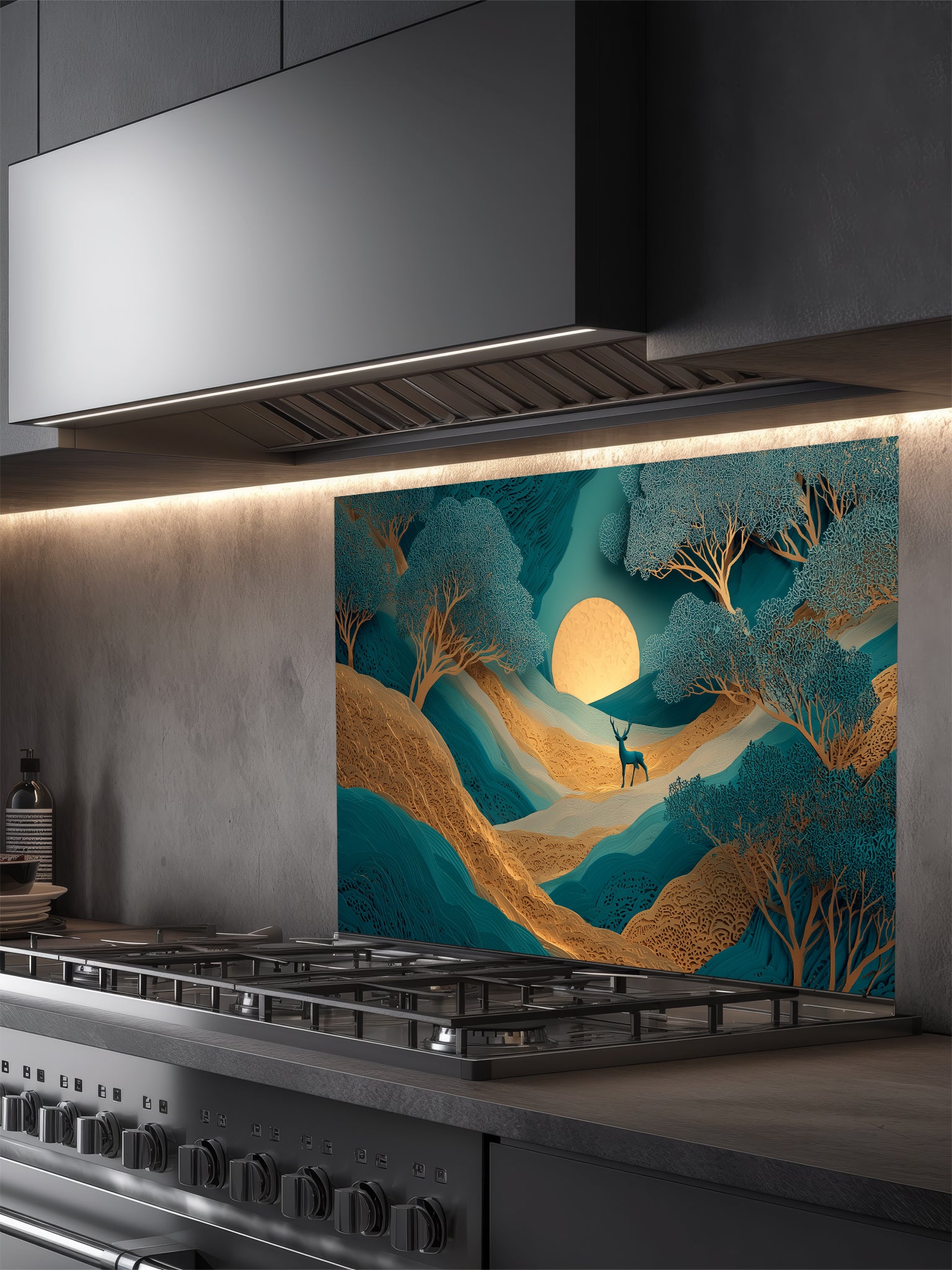 Faux 3D layered paper art of a mystical teal and gold forest with a deer and glowing moon, UV printed on a smooth tempered glass kitchen backsplash, installed behind a modern stove.