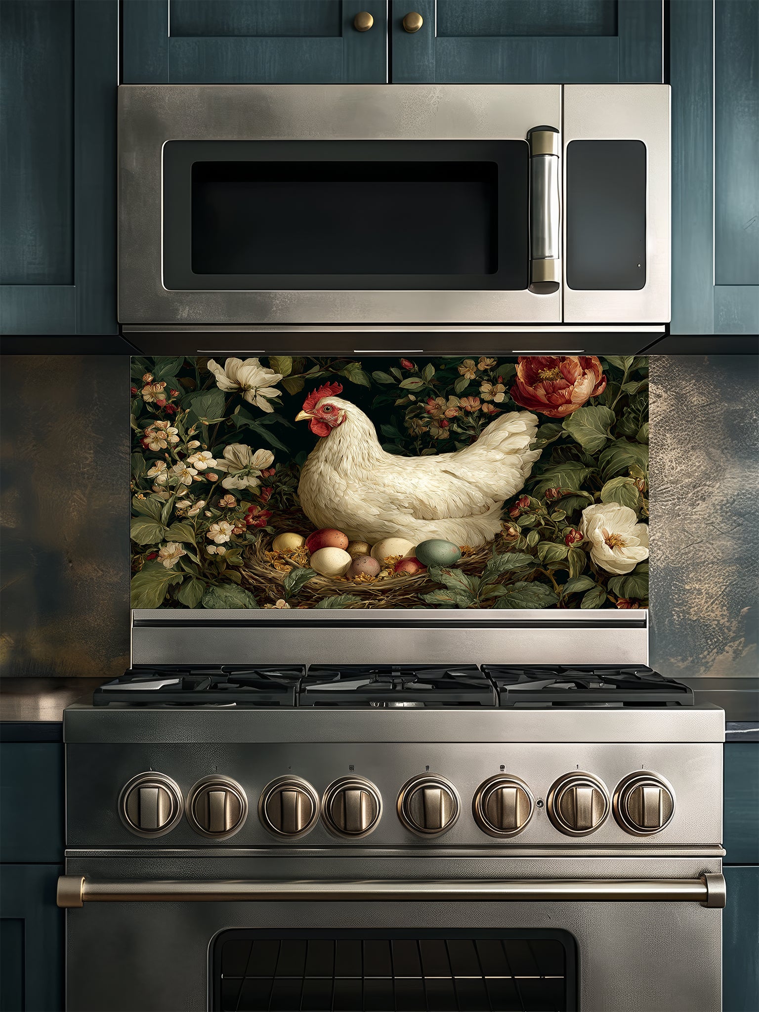 Tempered glass kitchen backsplash featuring a vintage dark moody floral design with a white hen sitting on a nest of colorful eggs, installed behind a modern stainless steel stove.