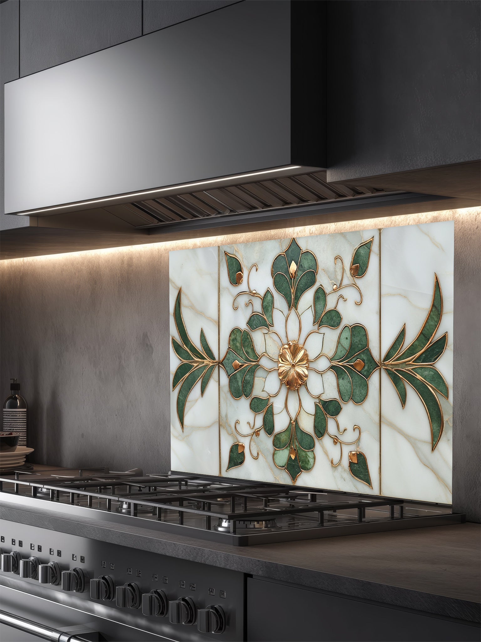 Decorative glass backsplash with floral design above a stove