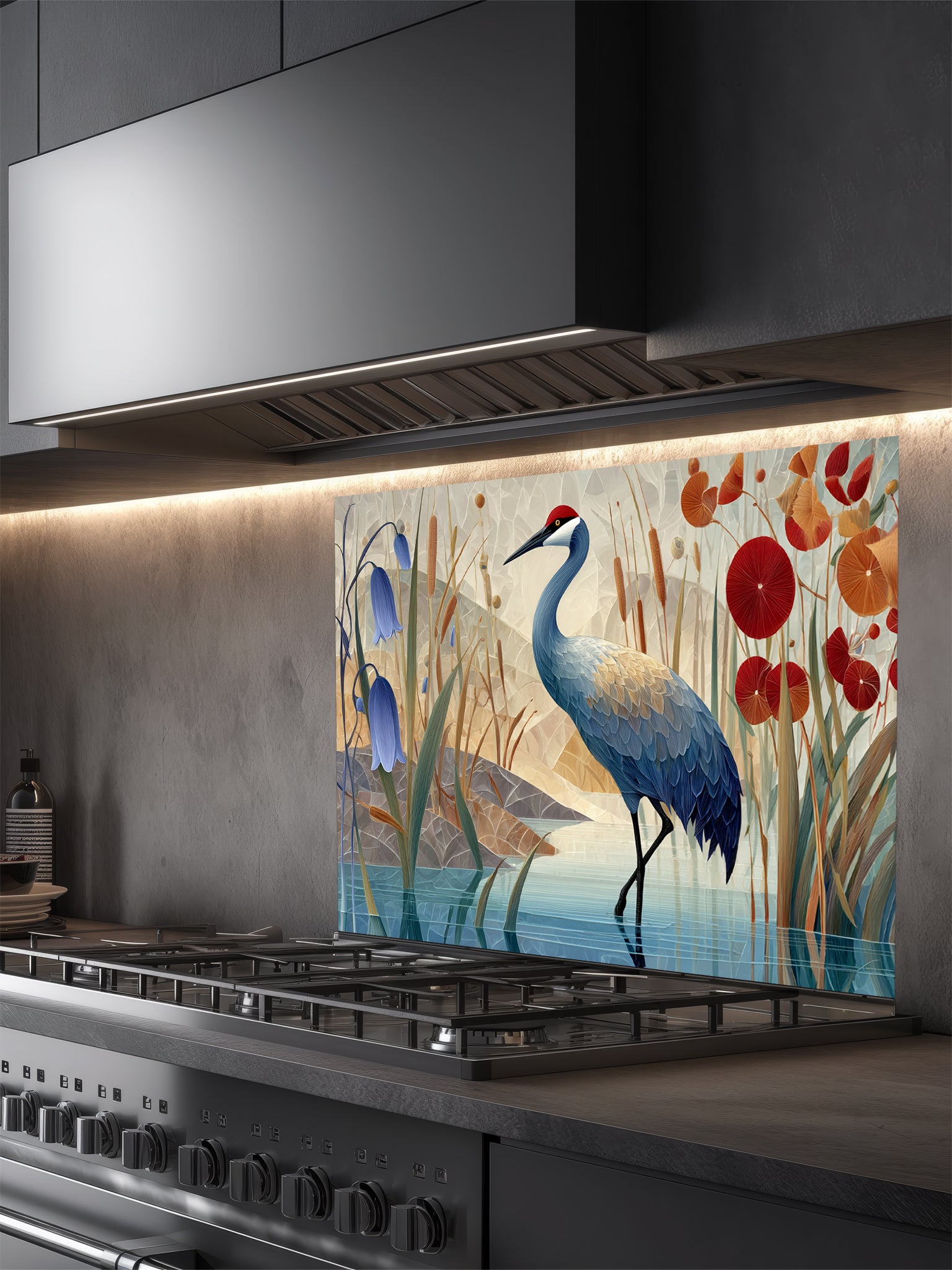 Tempered glass kitchen backsplash featuring a crisp, modern Japandi-style illustration of a majestic red-crowned crane standing in tranquil water among bluebell flowers and red botanical accents against a geometric beige mountain background, installed behind a modern black stove.