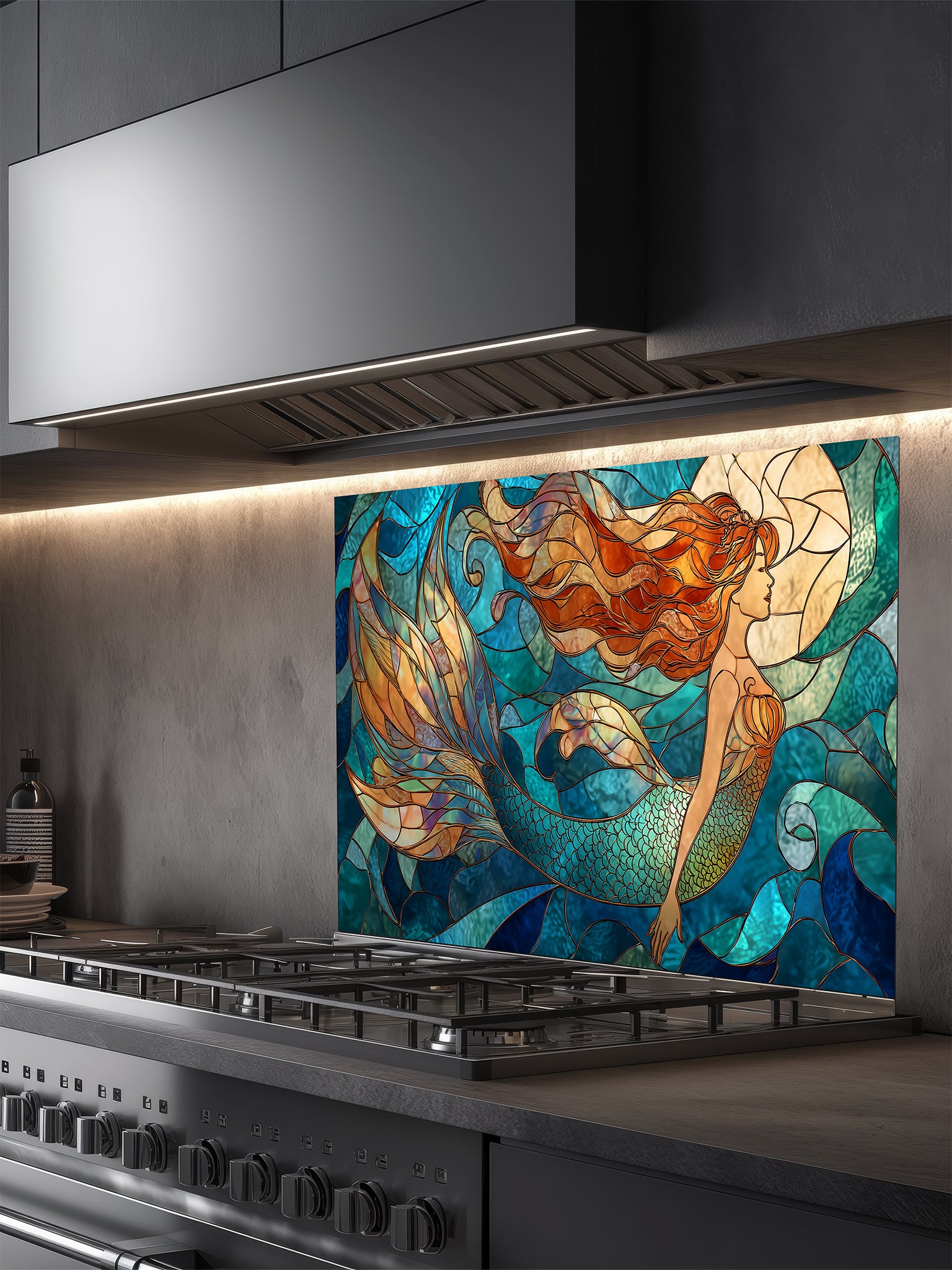 Tempered glass kitchen backsplash featuring a vibrant faux stained glass design of a graceful mermaid with flowing hair swimming in a blue ocean under a glowing moon, installed behind a modern stainless steel stove.